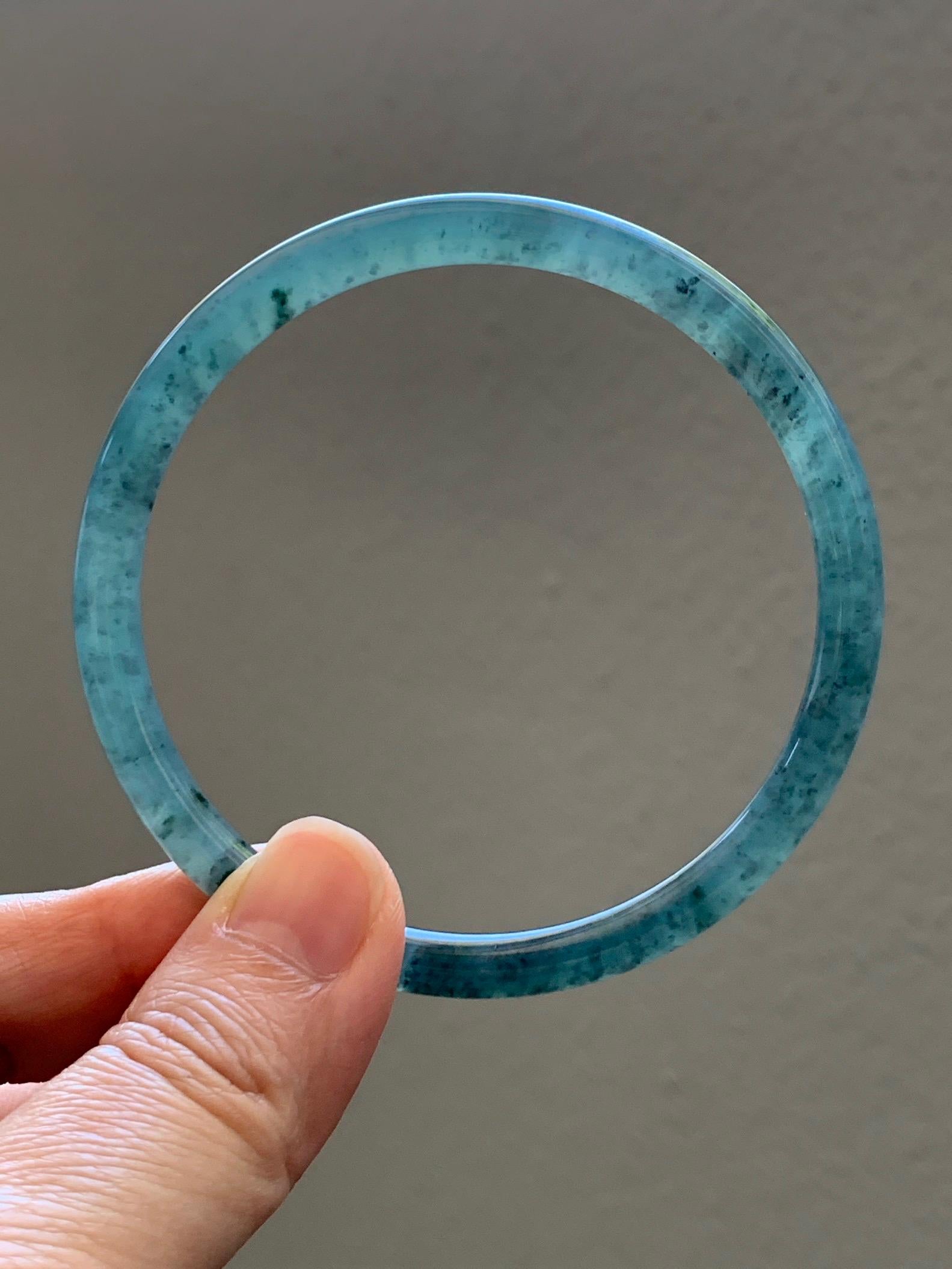 Certified Natural Grade A Guatemalan Icy Translucent Dusty Teal Green Jade Jadeite Slim Bangle 61.75mm 7.63” 21.4g 天然冰胶危蓝绿翡翠细圆条手镯 1222