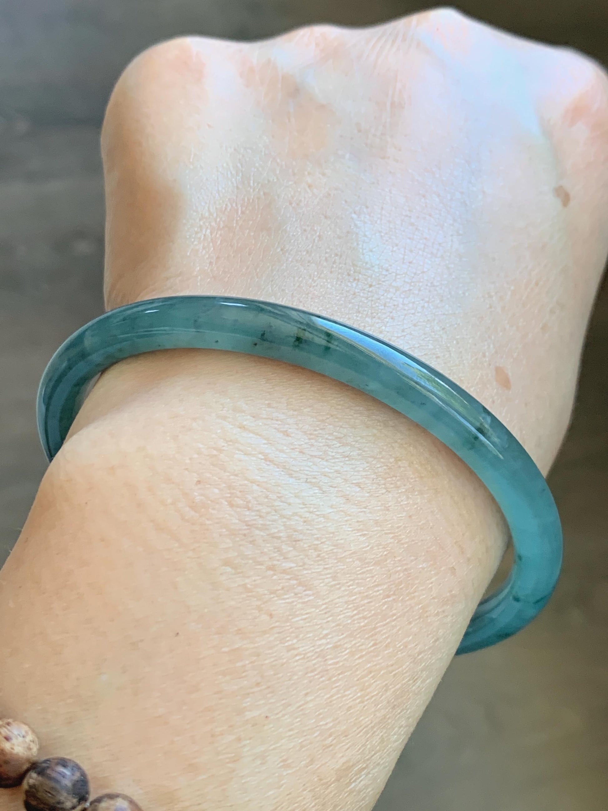 Certified Natural Grade A Guatemalan Icy Translucent Dusty Teal Green Jade Jadeite Slim Bangle 61.75mm 7.63” 21.4g 天然冰胶危蓝绿翡翠细圆条手镯 1222