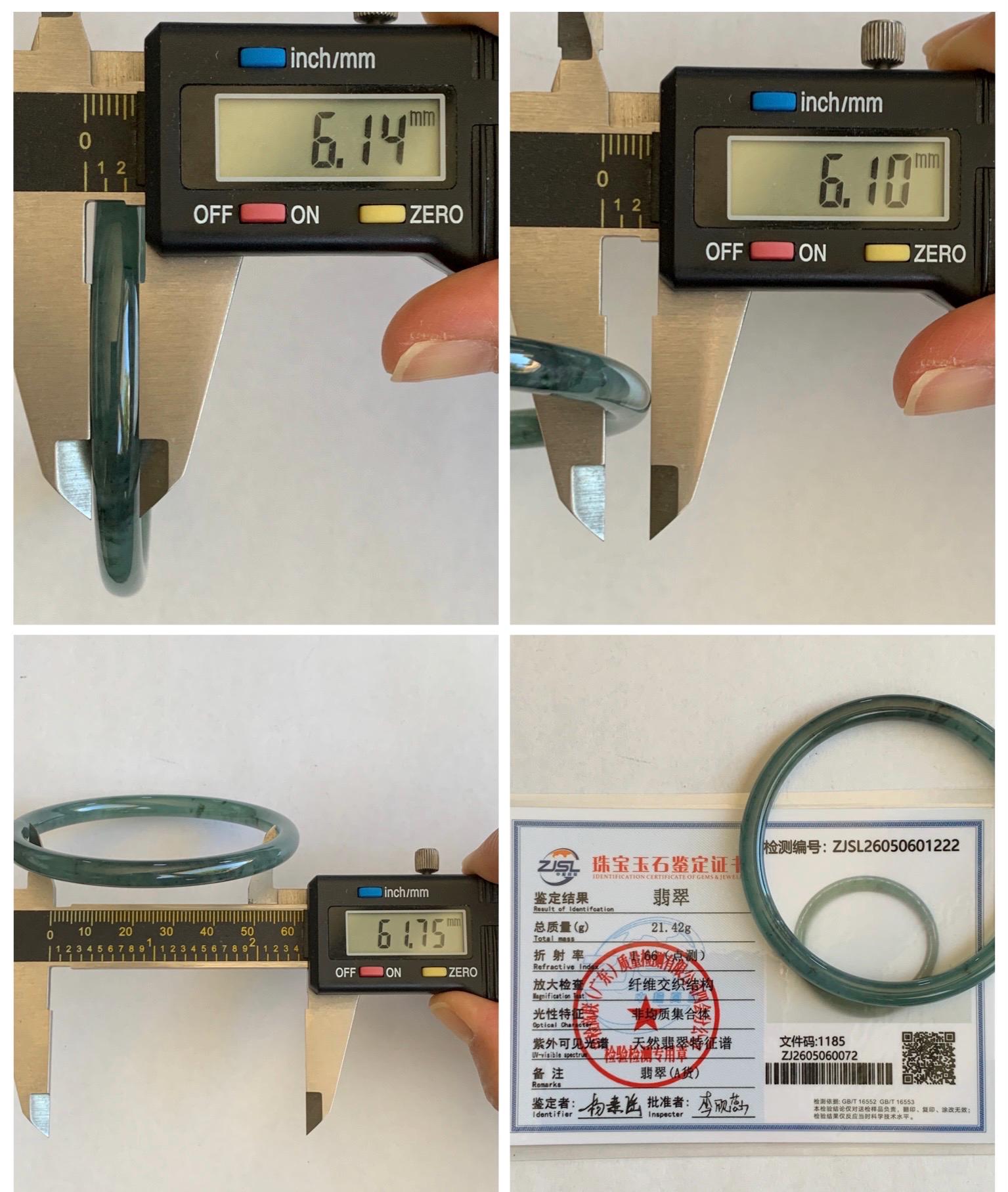 Certified Natural Grade A Guatemalan Icy Translucent Dusty Teal Green Jade Jadeite Slim Bangle 61.75mm 7.63” 21.4g 天然冰胶危蓝绿翡翠细圆条手镯 1222
