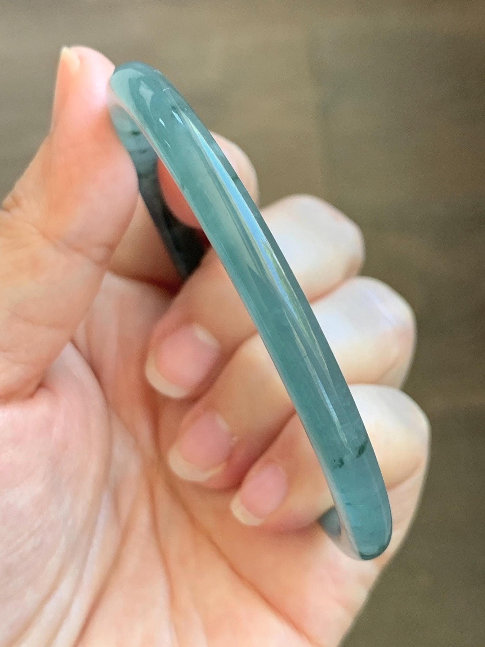 Certified Natural Grade A Guatemalan Icy Translucent Dusty Teal Green Jade Jadeite Slim Bangle 61.75mm 7.63” 21.4g 天然冰胶危蓝绿翡翠细圆条手镯 1222