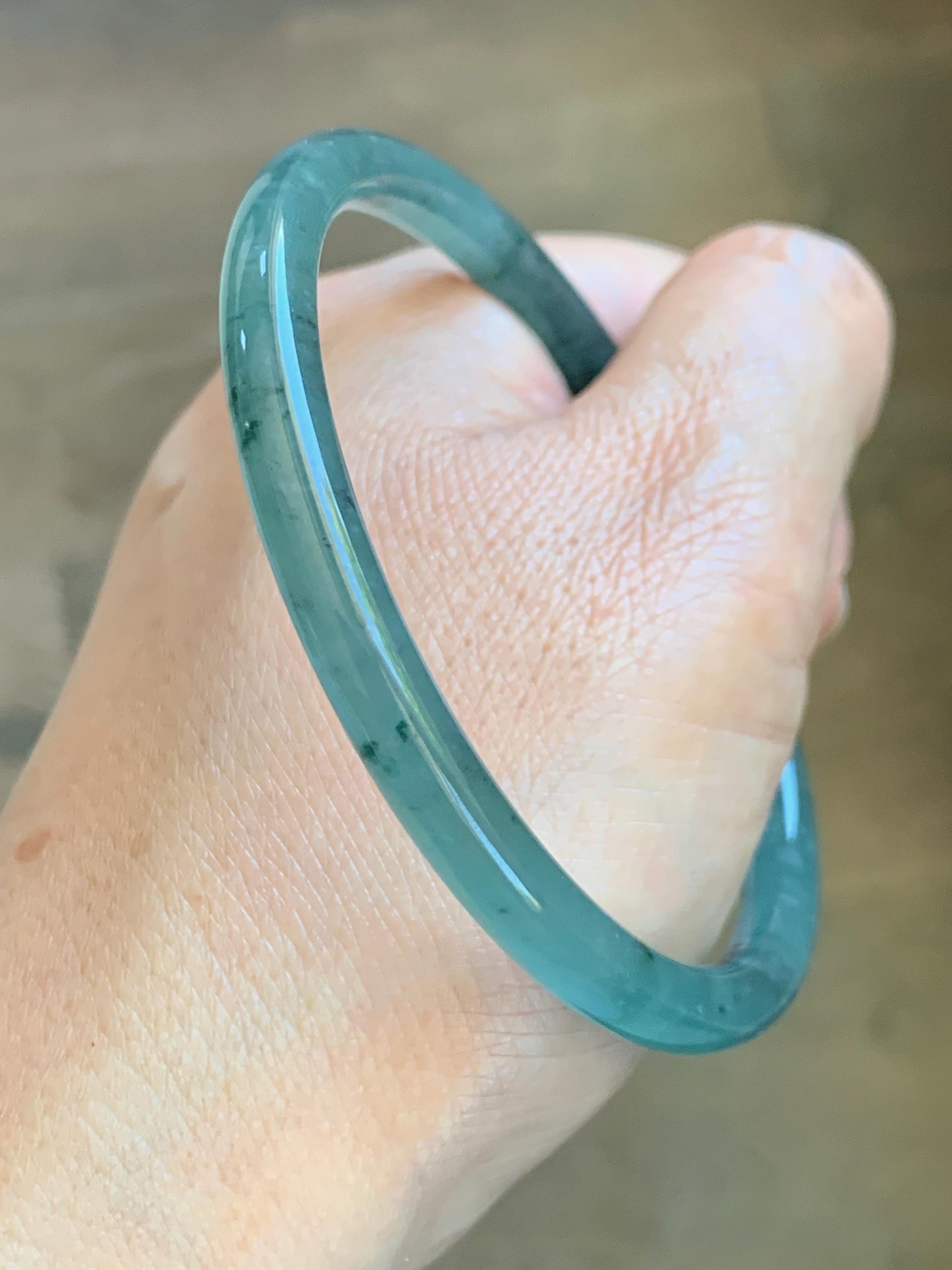 Certified Natural Grade A Guatemalan Icy Translucent Dusty Teal Green Jade Jadeite Slim Bangle 61.75mm 7.63” 21.4g 天然冰胶危蓝绿翡翠细圆条手镯 1222