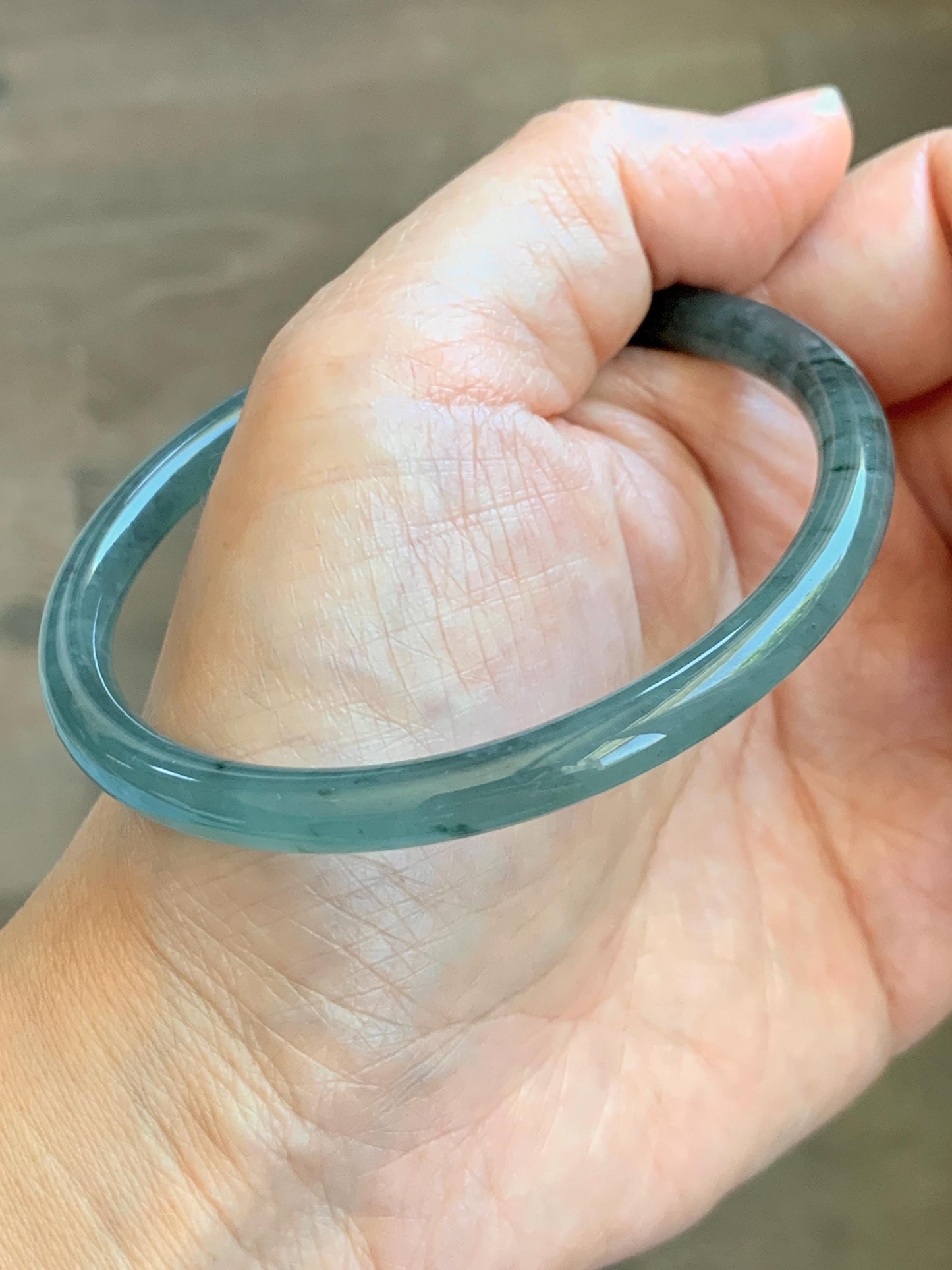 Certified Natural Grade A Guatemalan Icy Translucent Dusty Teal Green Jade Jadeite Slim Bangle 61.75mm 7.63” 21.4g 天然冰胶危蓝绿翡翠细圆条手镯 1222