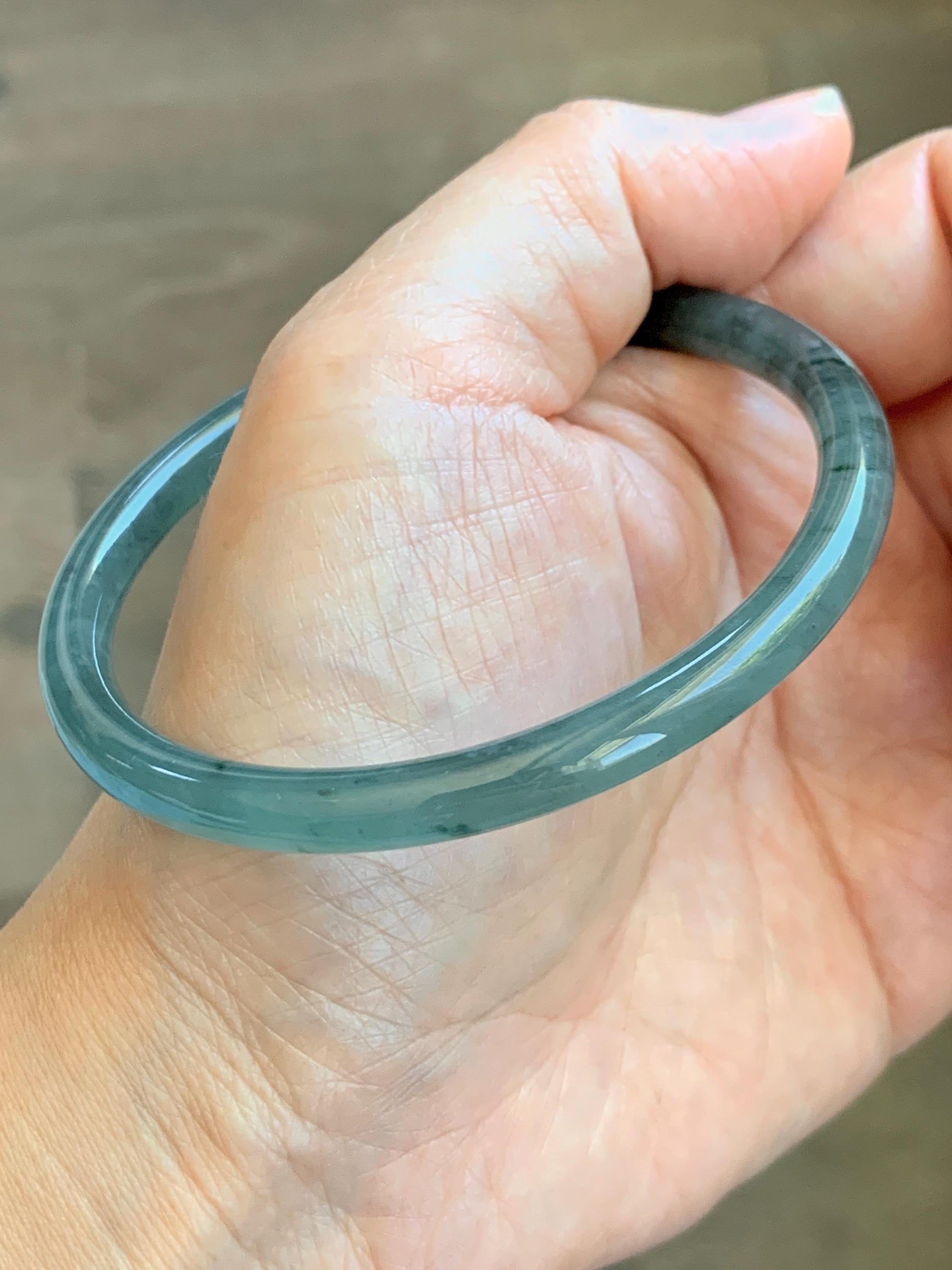 Certified Natural Grade A Guatemalan Icy Translucent Dusty Teal Green Jade Jadeite Slim Bangle 61.75mm 7.63” 21.4g 天然冰胶危蓝绿翡翠细圆条手镯 1222