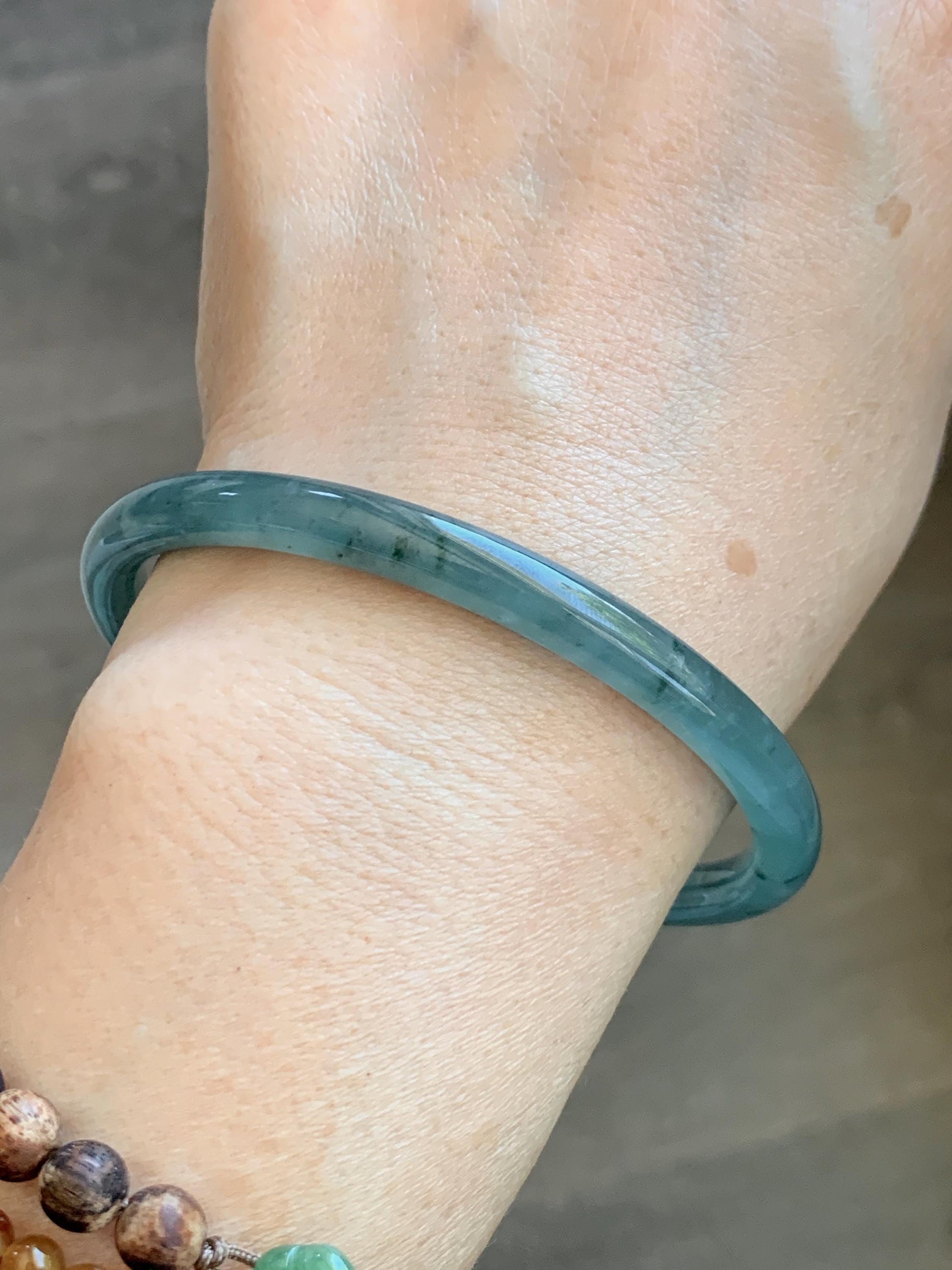 Certified Natural Grade A Guatemalan Icy Translucent Dusty Teal Green Jade Jadeite Slim Bangle 61.75mm 7.63” 21.4g 天然冰胶危蓝绿翡翠细圆条手镯 1222