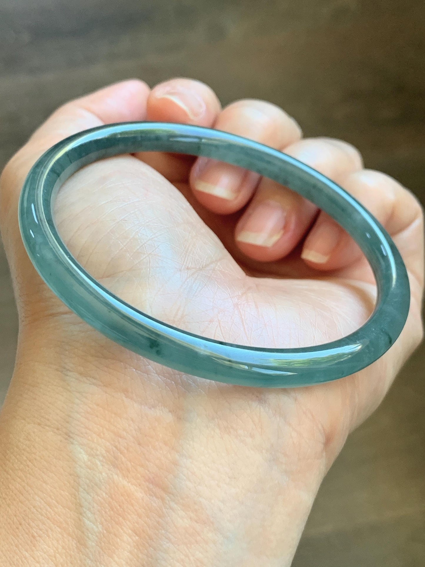 Certified Natural Grade A Guatemalan Icy Translucent Dusty Teal Green Jade Jadeite Slim Bangle 61.75mm 7.63” 21.4g 天然冰胶危蓝绿翡翠细圆条手镯 1222