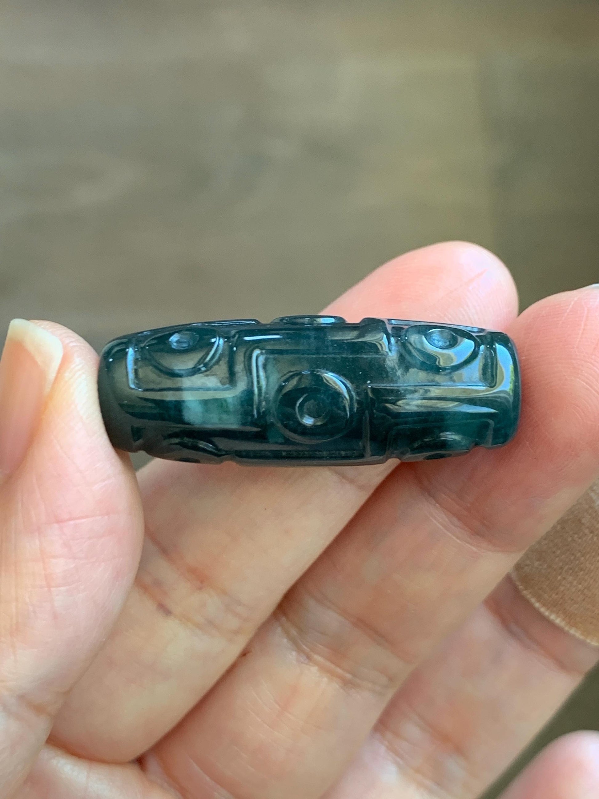 Natural Grade A Guatemalan Icy Translucent Dark Teal Blue Jade Jadeite Carved Dzi Bead Heavens Bead Pendant 12g 天然冰危深蓝翡翠天珠 WTZ120A