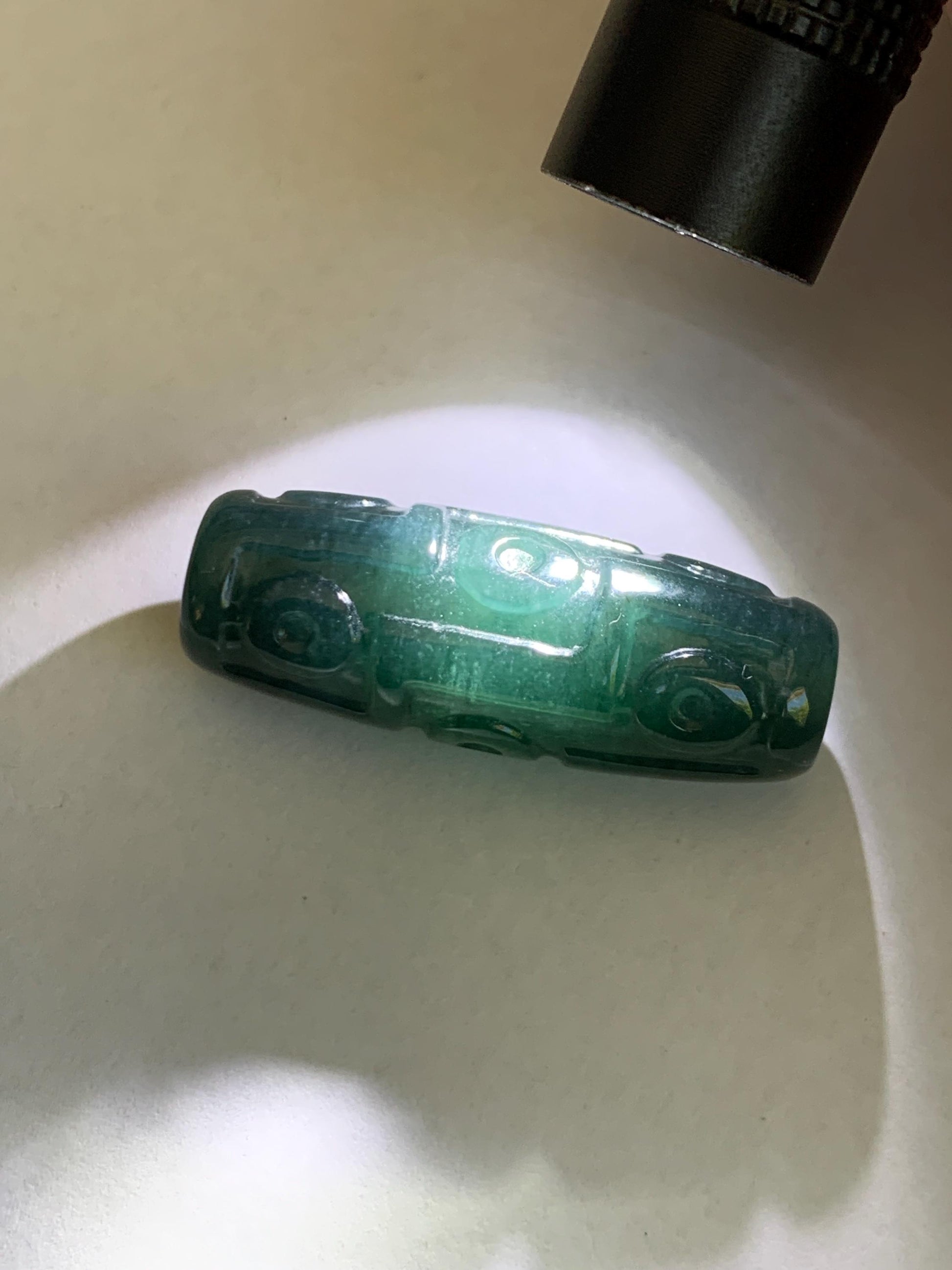 Natural Grade A Guatemalan Icy Translucent Dark Teal Blue Jade Jadeite Carved Dzi Bead Heavens Bead Pendant 12g 天然冰危深蓝翡翠天珠 WTZ120A