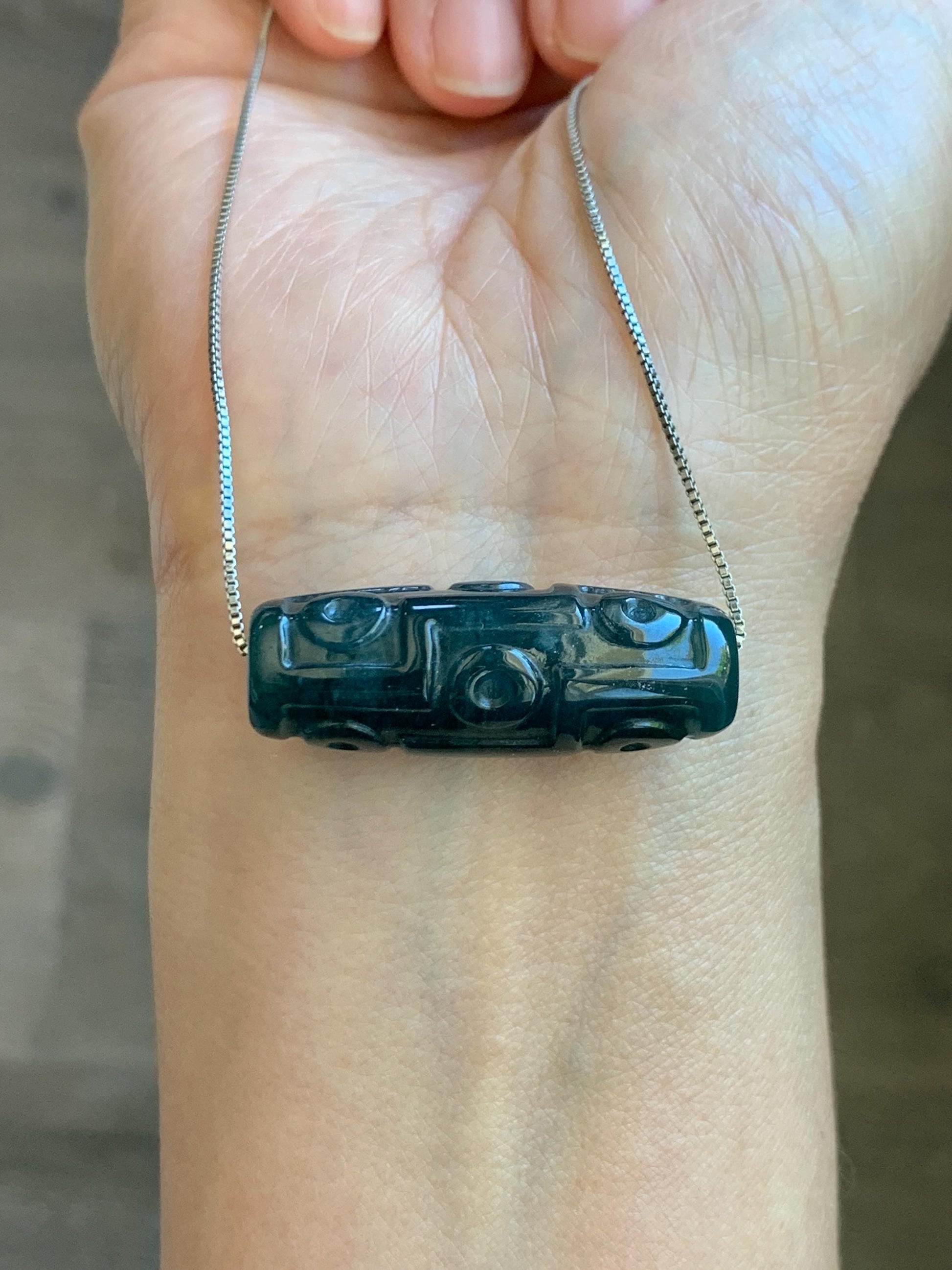Natural Grade A Guatemalan Icy Translucent Dark Teal Blue Jade Jadeite Carved Dzi Bead Heavens Bead Pendant 12g 天然冰危深蓝翡翠天珠 WTZ120A