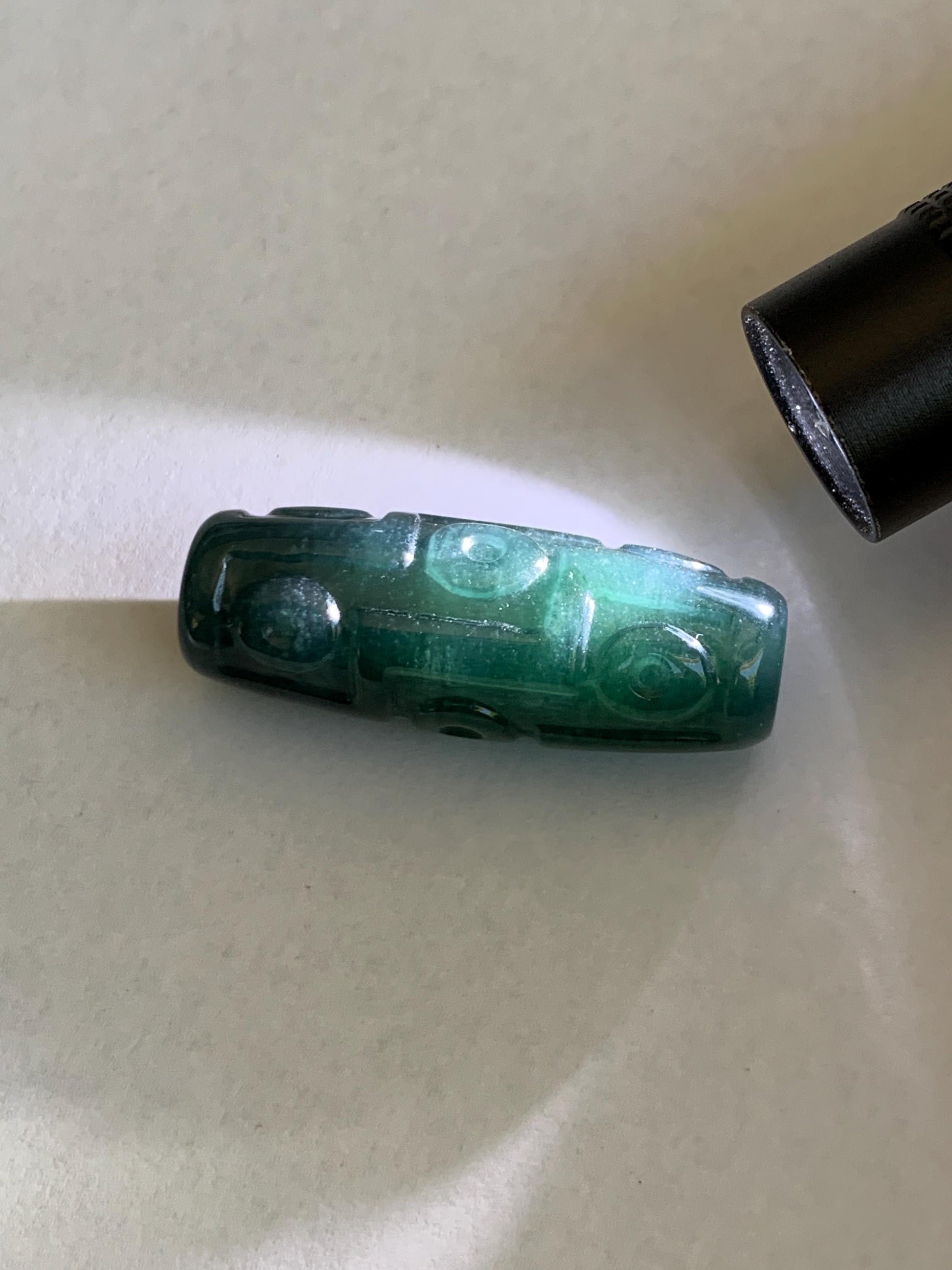 Natural Grade A Guatemalan Icy Translucent Dark Teal Blue Jade Jadeite Carved Dzi Bead Heavens Bead Pendant 12g 天然冰危深蓝翡翠天珠 WTZ120A