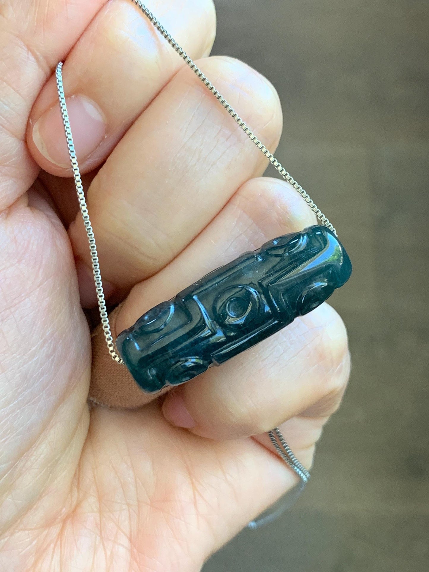 Natural Grade A Guatemalan Icy Translucent Dark Teal Blue Jade Jadeite Carved Dzi Bead Heavens Bead Pendant 12g 天然冰危深蓝翡翠天珠 WTZ120A