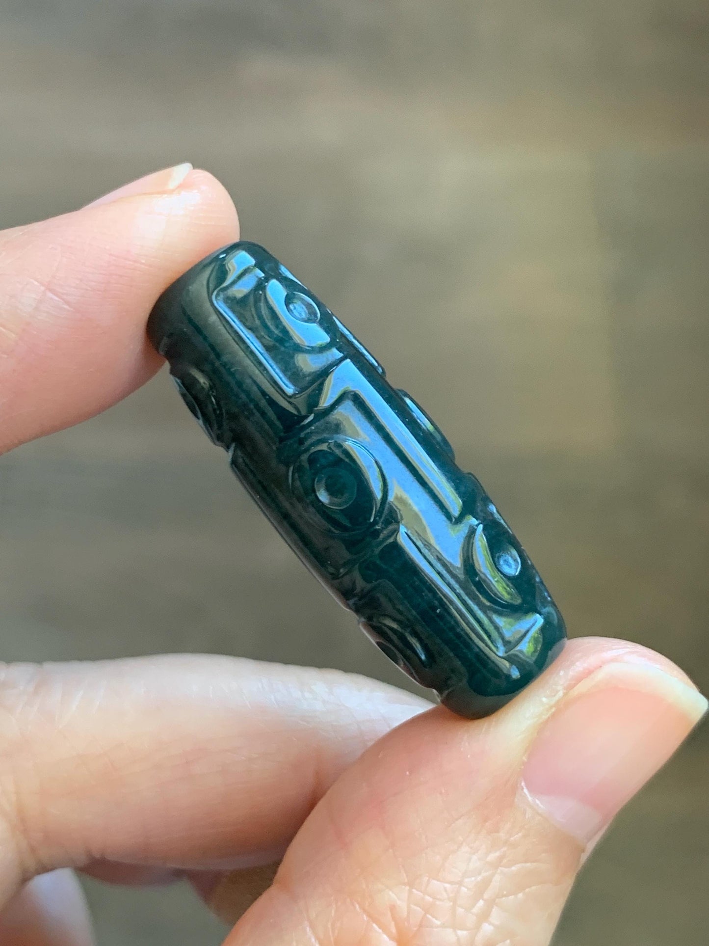 Natural Grade A Guatemalan Icy Translucent Dark Teal Blue Jade Jadeite Carved Dzi Bead Heavens Bead Pendant 12g 天然冰危深蓝翡翠天珠 WTZ120A