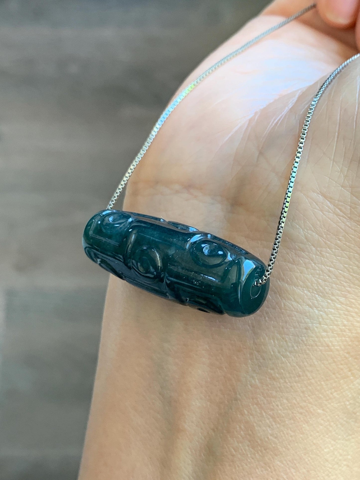 Natural Grade A Guatemalan Icy Translucent Dark Teal Blue Jade Jadeite Carved Dzi Bead Heavens Bead Pendant 12g 天然冰危深蓝翡翠天珠 WTZ120A