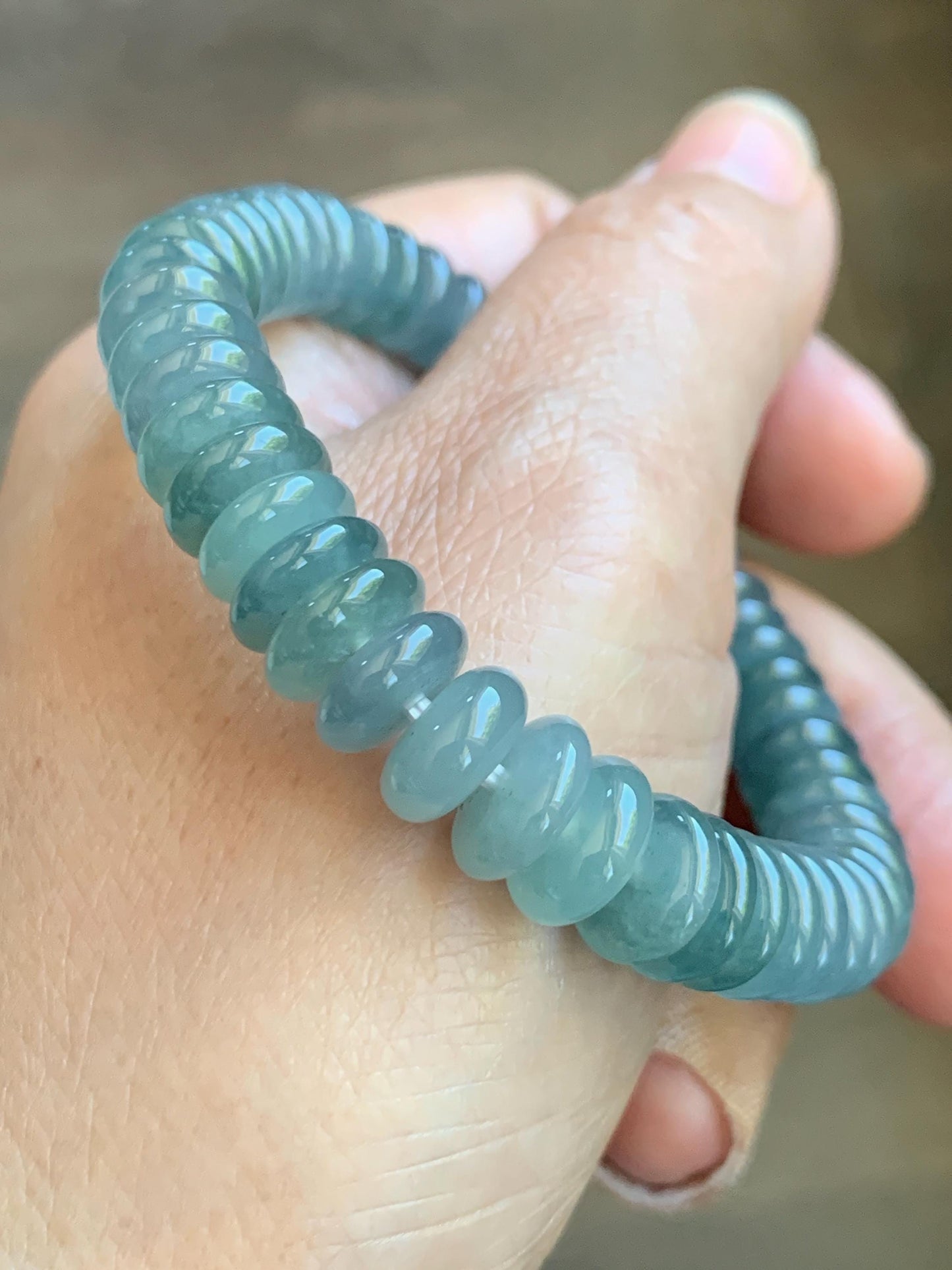 Natural Grade A Guatemalan Icy Translucent Light Dusty Blue Jade Jadeite Drum Beads Beaded Bracelet Stretchy 6.75” 28g 天然冰危浅蓝翡翠鼓珠手串 WDB330B