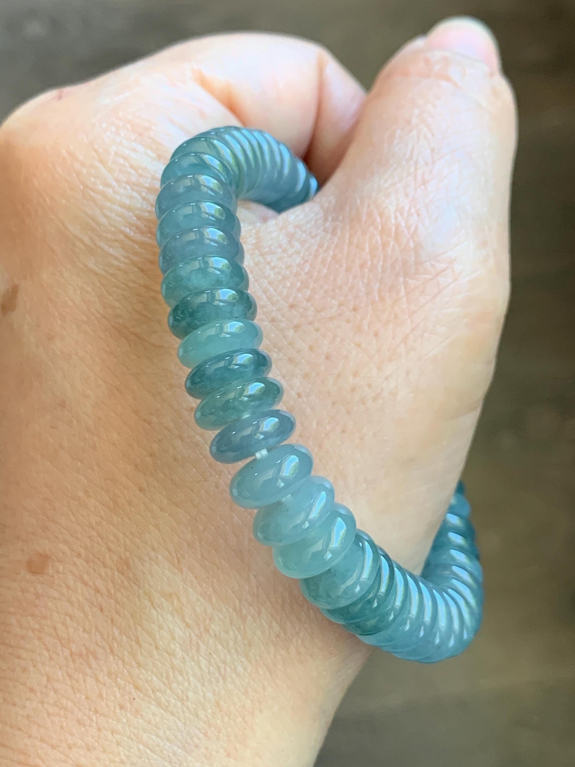 Natural Grade A Guatemalan Icy Translucent Light Dusty Blue Jade Jadeite Drum Beads Beaded Bracelet Stretchy 6.75” 28g 天然冰危浅蓝翡翠鼓珠手串 WDB330B