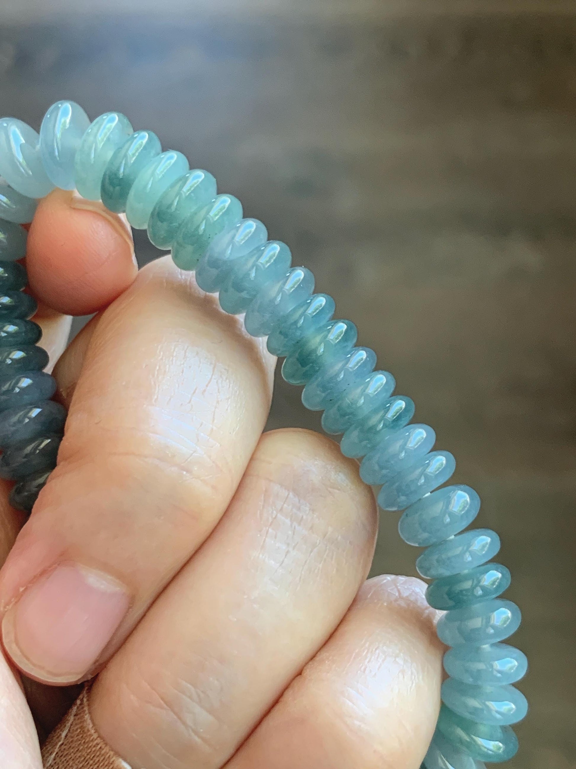Natural Grade A Guatemalan Icy Translucent Light Dusty Blue Jade Jadeite Drum Beads Beaded Bracelet Stretchy 6.75” 28g 天然冰危浅蓝翡翠鼓珠手串 WDB330B