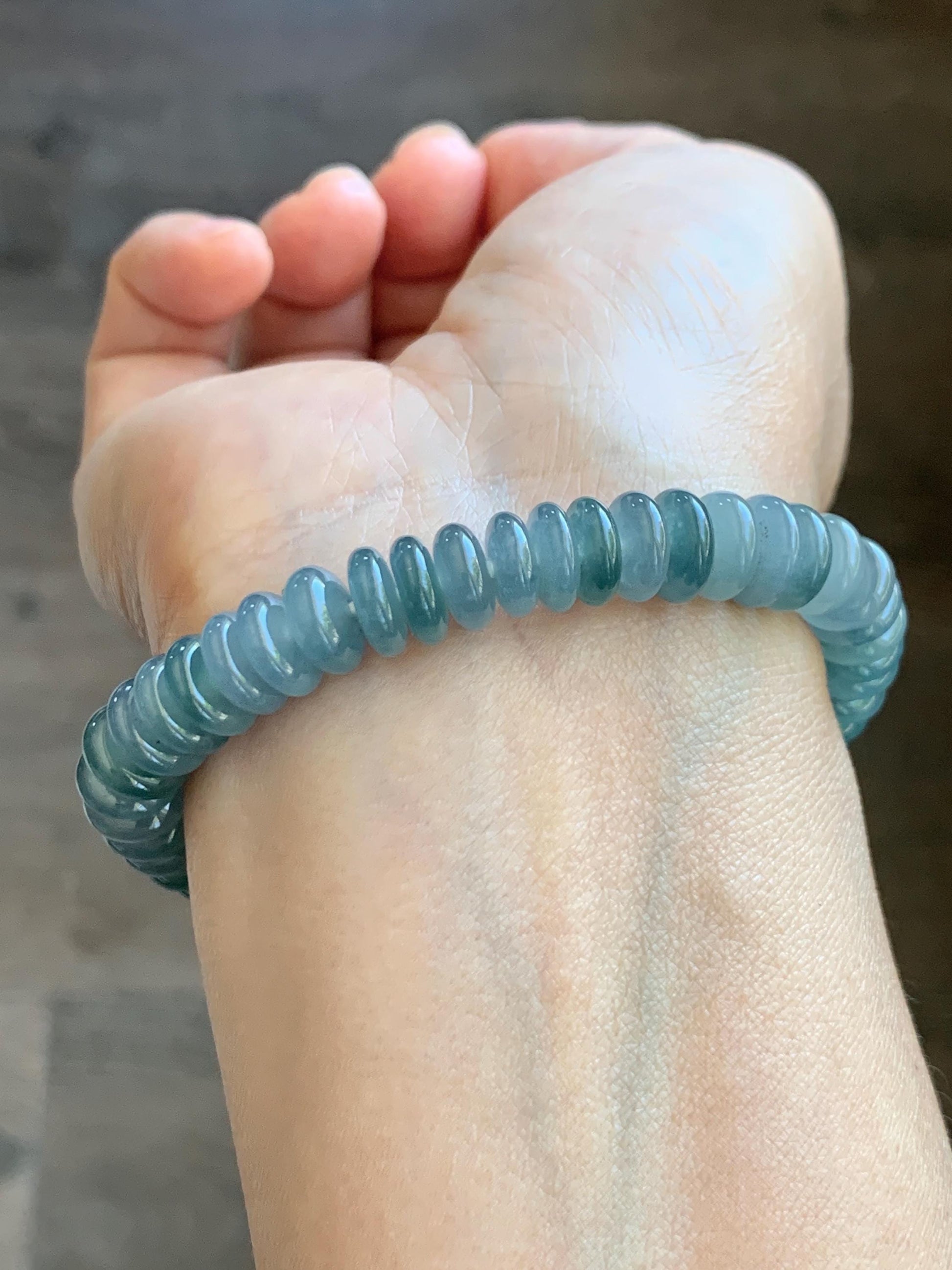 Natural Grade A Guatemalan Icy Translucent Light Dusty Blue Jade Jadeite Drum Beads Beaded Bracelet Stretchy 6.75” 28g 天然冰危浅蓝翡翠鼓珠手串 WDB330B