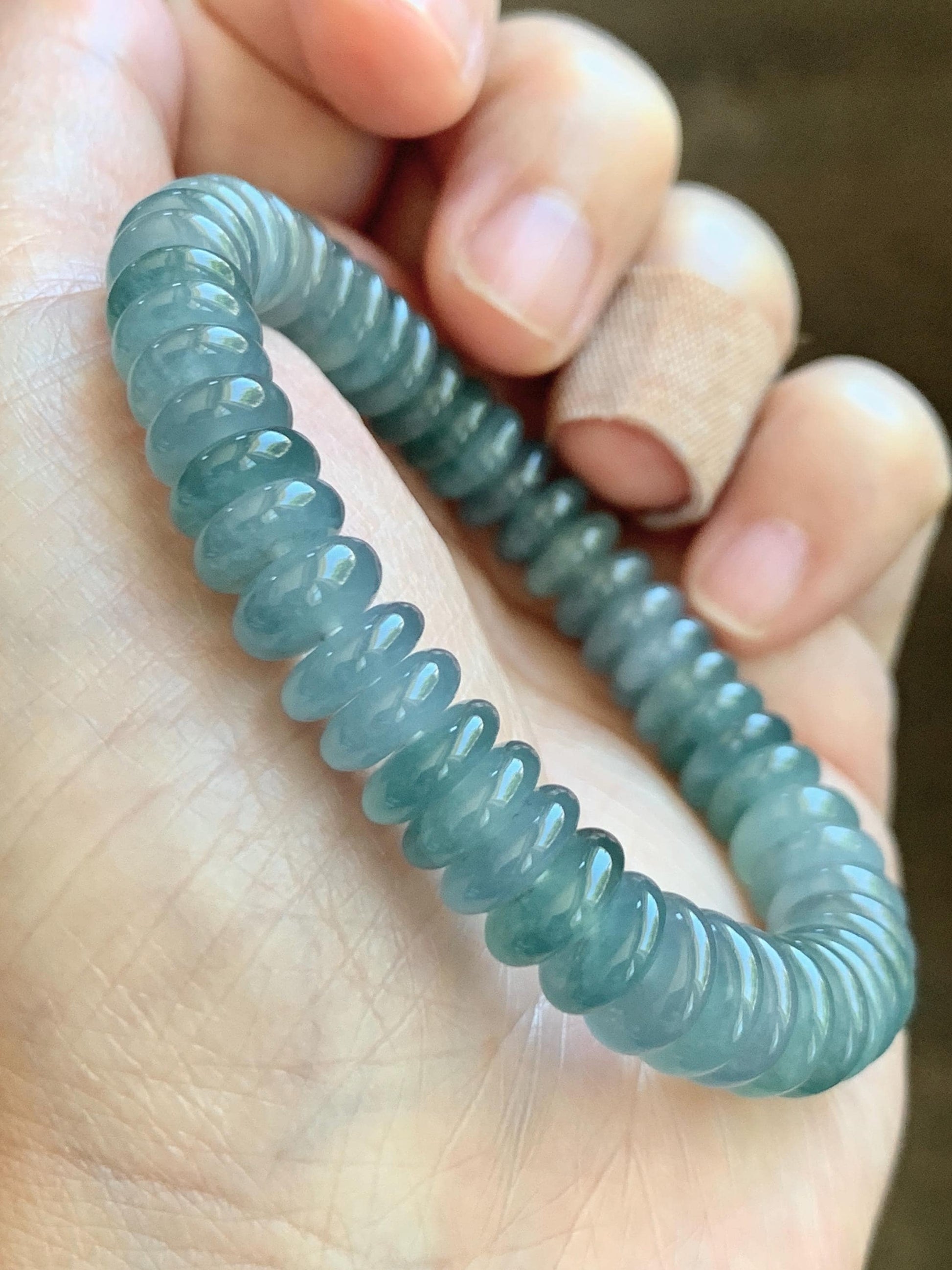 Natural Grade A Guatemalan Icy Translucent Light Dusty Blue Jade Jadeite Drum Beads Beaded Bracelet Stretchy 6.75” 28g 天然冰危浅蓝翡翠鼓珠手串 WDB330B