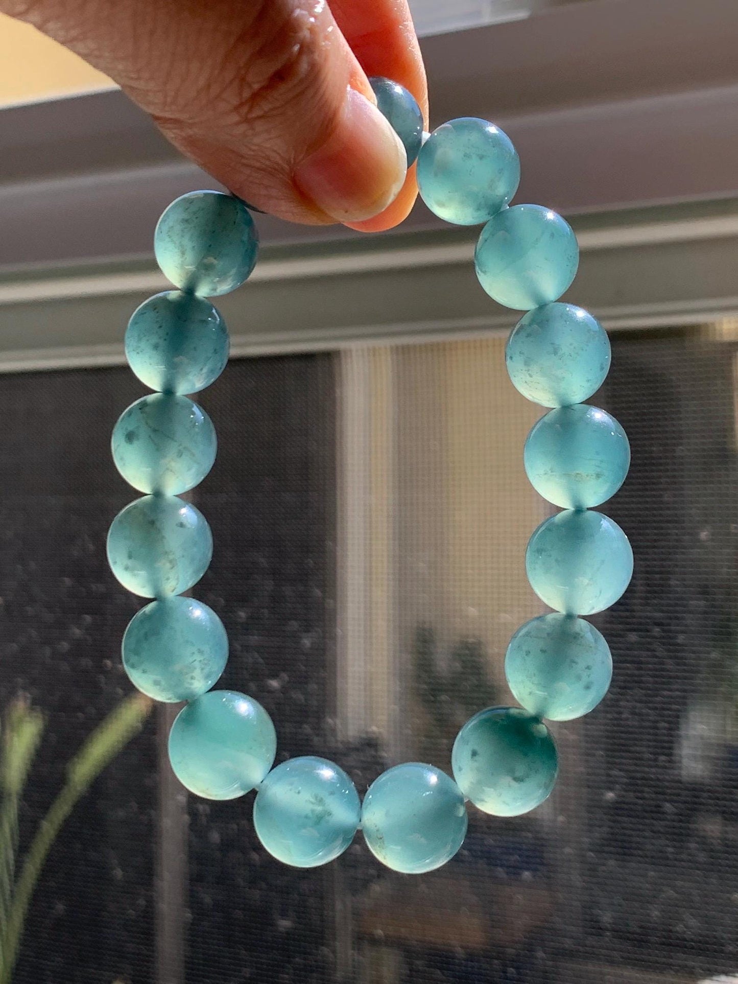 Certified Natural Grade A Guatemalan Icy Highly Translucent Teal Green Jade Jadeite Beads Beaded Bracelet 11.7mm 7.25” 47g 天然冰胶起光危晴蓝翡翠手串 459