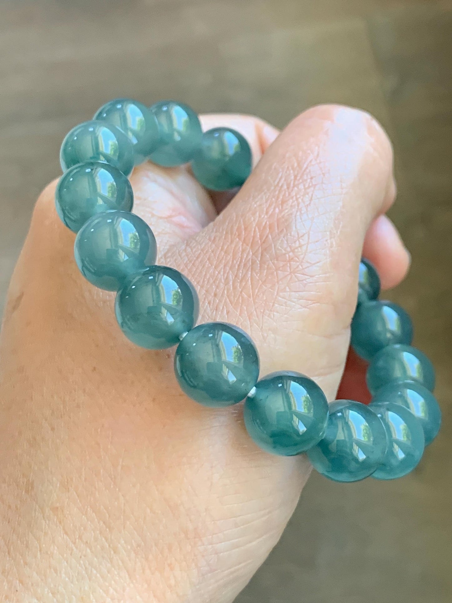 Certified Natural Grade A Guatemalan Icy Highly Translucent Teal Green Jade Jadeite Beads Beaded Bracelet 11.7mm 7.25” 47g 天然冰胶起光危晴蓝翡翠手串 459