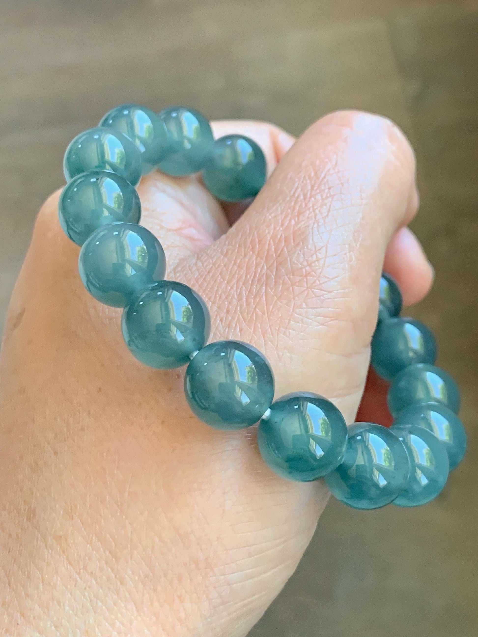 Certified Natural Grade A Guatemalan Icy Highly Translucent Teal Green Jade Jadeite Beads Beaded Bracelet 11.7mm 7.25” 47g 天然冰胶起光危晴蓝翡翠手串 459