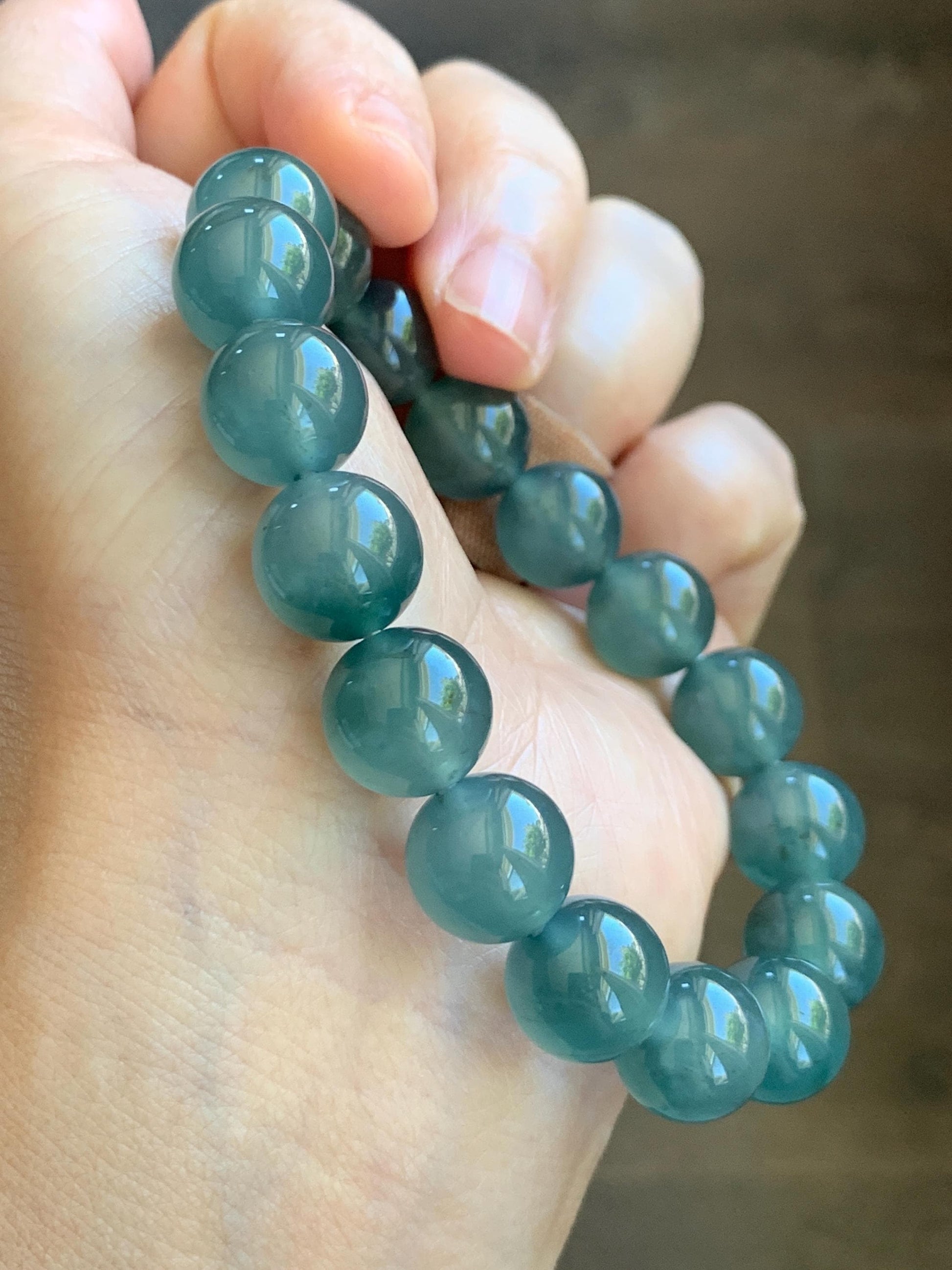 Certified Natural Grade A Guatemalan Icy Highly Translucent Teal Green Jade Jadeite Beads Beaded Bracelet 11.7mm 7.25” 47g 天然冰胶起光危晴蓝翡翠手串 459