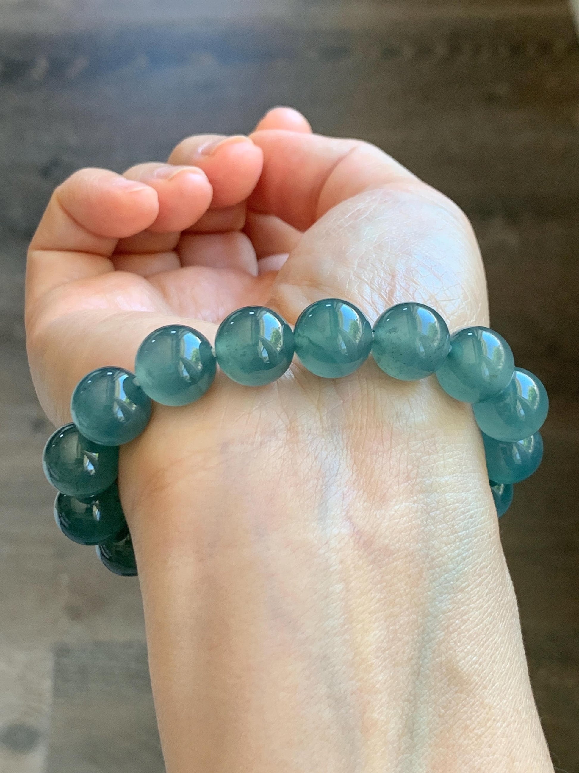 Certified Natural Grade A Guatemalan Icy Highly Translucent Teal Green Jade Jadeite Beads Beaded Bracelet 11.7mm 7.25” 47g 天然冰胶起光危晴蓝翡翠手串 459