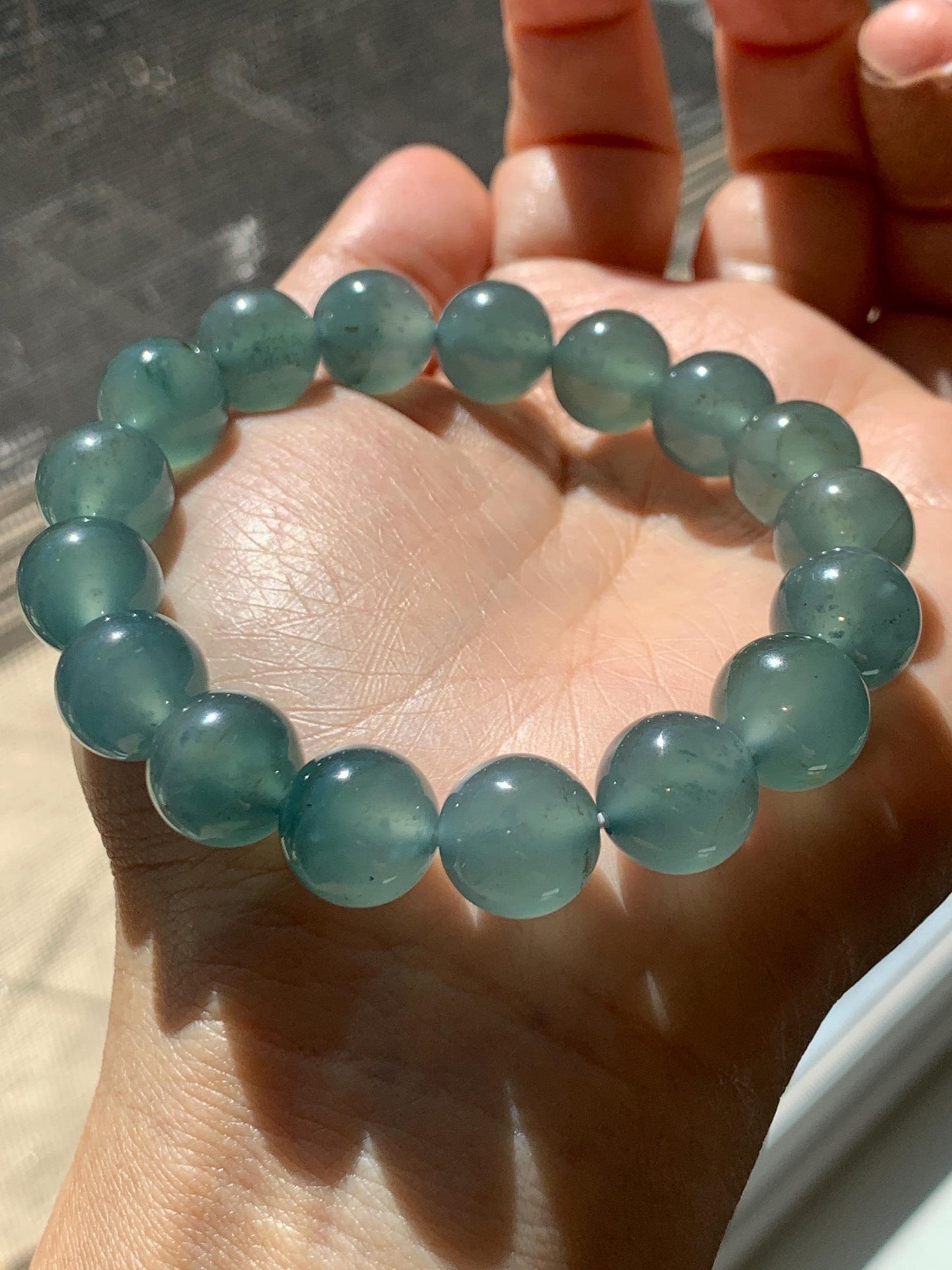 Certified Natural Grade A Guatemalan Icy Highly Translucent Teal Green Jade Jadeite Beads Beaded Bracelet 11.7mm 7.25” 47g 天然冰胶起光危晴蓝翡翠手串 459