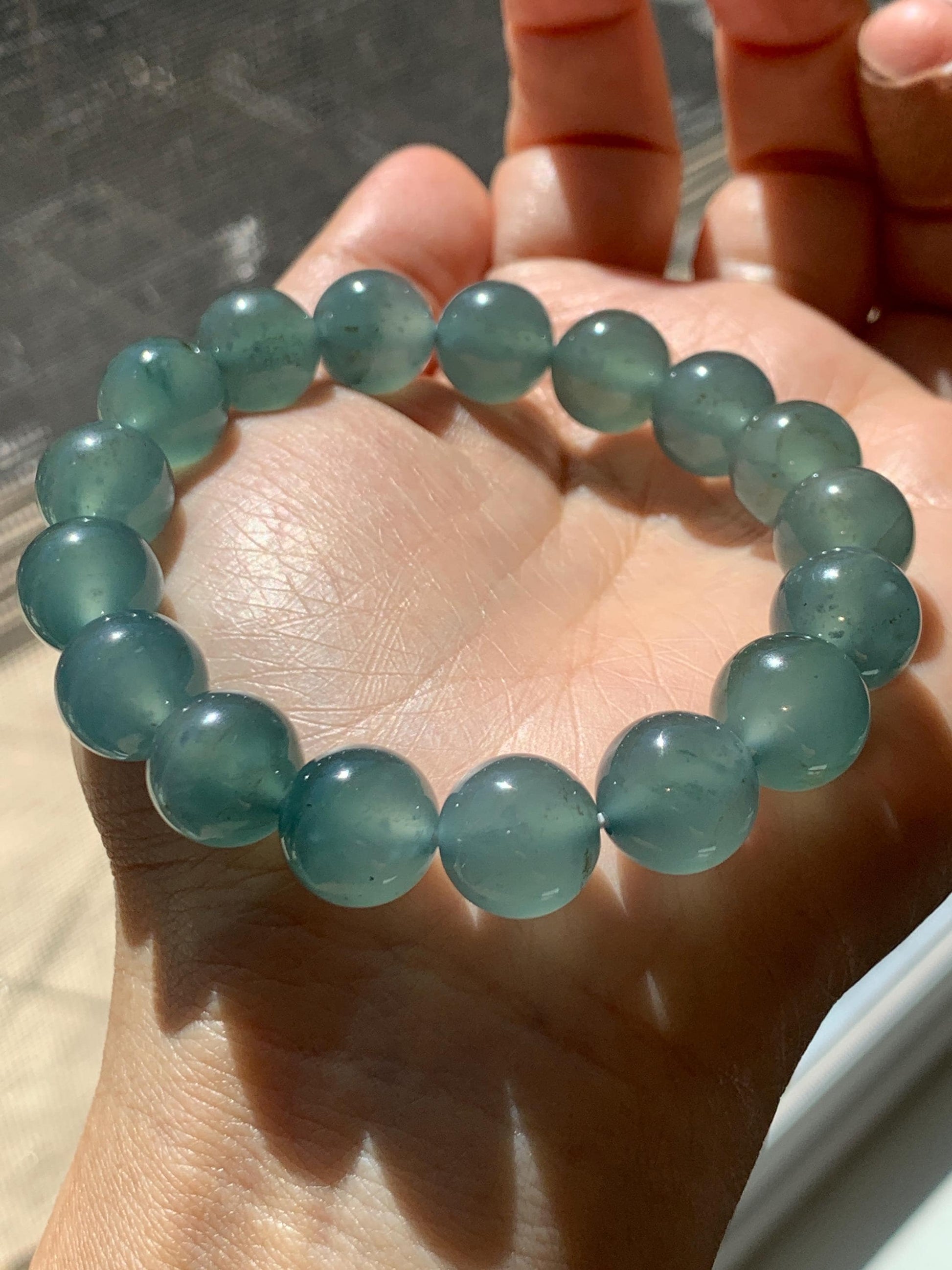 Certified Natural Grade A Guatemalan Icy Highly Translucent Teal Green Jade Jadeite Beads Beaded Bracelet 11.7mm 7.25” 47g 天然冰胶起光危晴蓝翡翠手串 459
