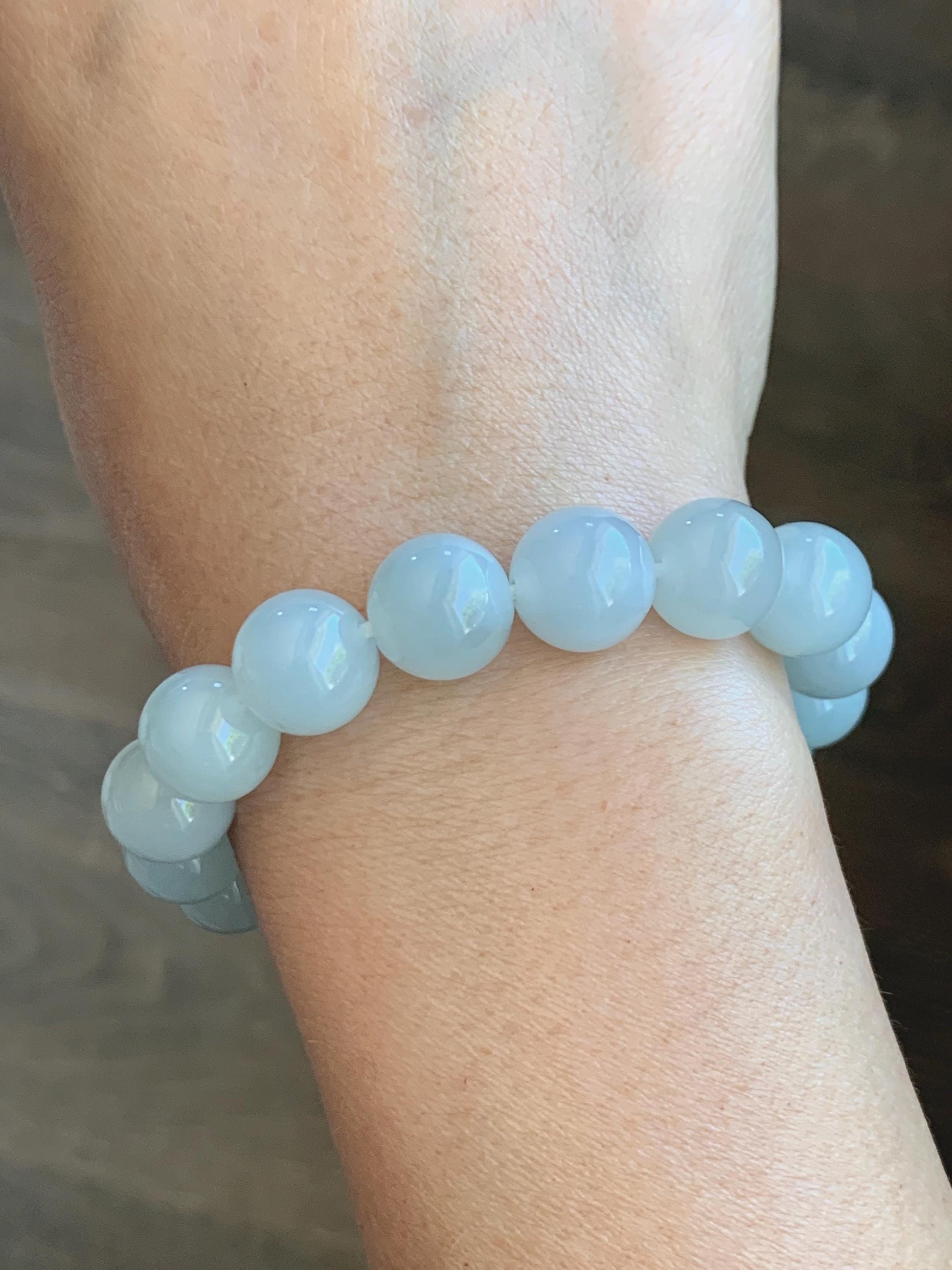 Certified Natural Grade A Icy Translucent Pastel Dusty Blue Jade Jadeite Large Beads Beaded Bracelet 11.8mm 7.25” 48g 天然老种冰胶淡蓝翡翠圆珠手串 456