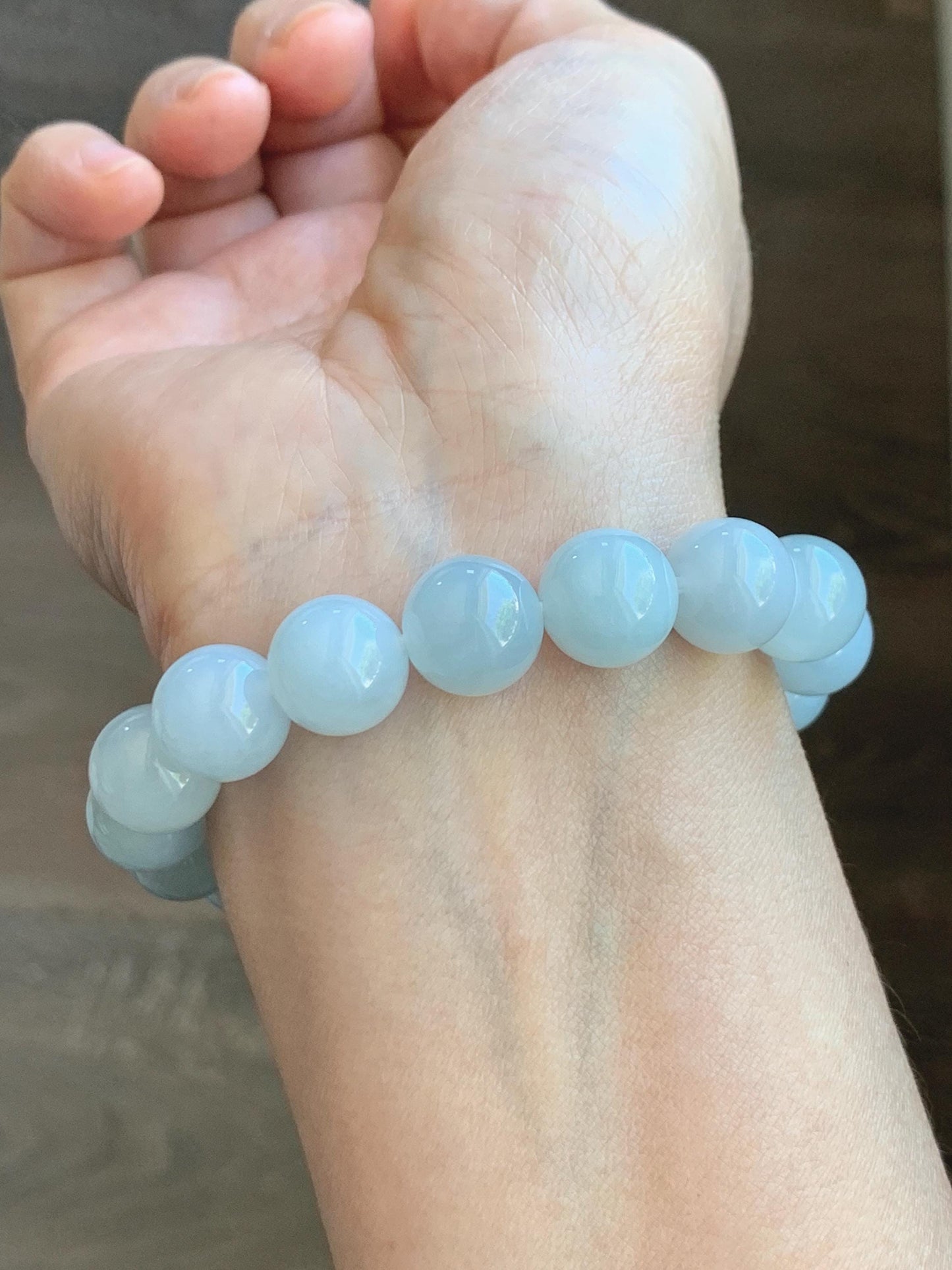 Certified Natural Grade A Icy Translucent Pastel Dusty Blue Jade Jadeite Large Beads Beaded Bracelet 11.8mm 7.25” 48g 天然老种冰胶淡蓝翡翠圆珠手串 456