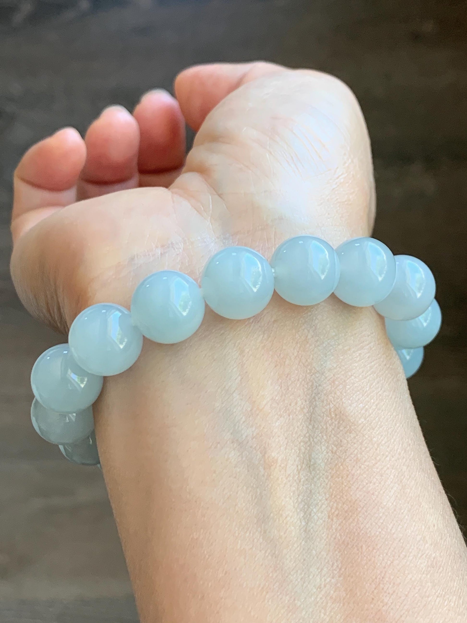 Certified Natural Grade A Icy Translucent Pastel Dusty Blue Jade Jadeite Large Beads Beaded Bracelet 11.8mm 7.25” 48g 天然老种冰胶淡蓝翡翠圆珠手串 455