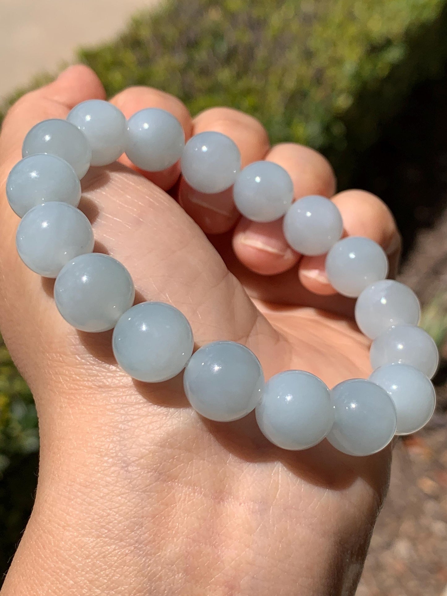 Certified Natural Grade A Icy Translucent Pastel Dusty Blue Jade Jadeite Large Beads Beaded Bracelet 11.8mm 7.25” 48g 天然老种冰胶淡蓝翡翠圆珠手串 455