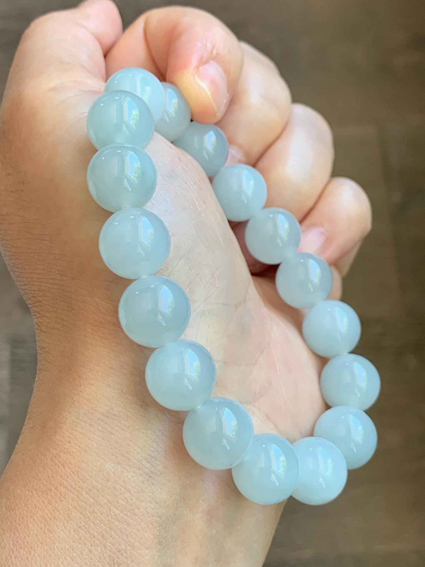 Certified Natural Grade A Icy Translucent Pastel Dusty Blue Jade Jadeite Large Beads Beaded Bracelet 11.8mm 7.25” 48g 天然老种冰胶淡蓝翡翠圆珠手串 455