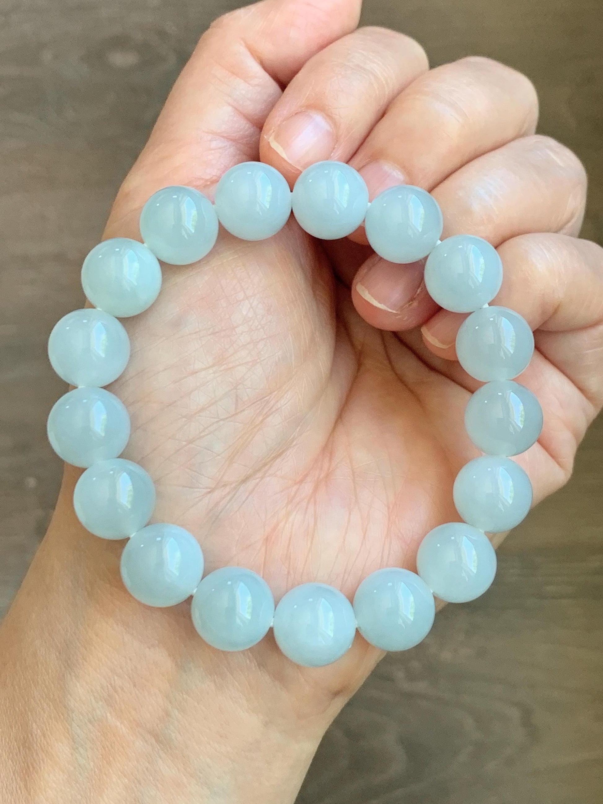 Certified Natural Grade A Icy Translucent Pastel Dusty Blue Jade Jadeite Large Beads Beaded Bracelet 11.8mm 7.25” 48g 天然老种冰胶淡蓝翡翠圆珠手串 455