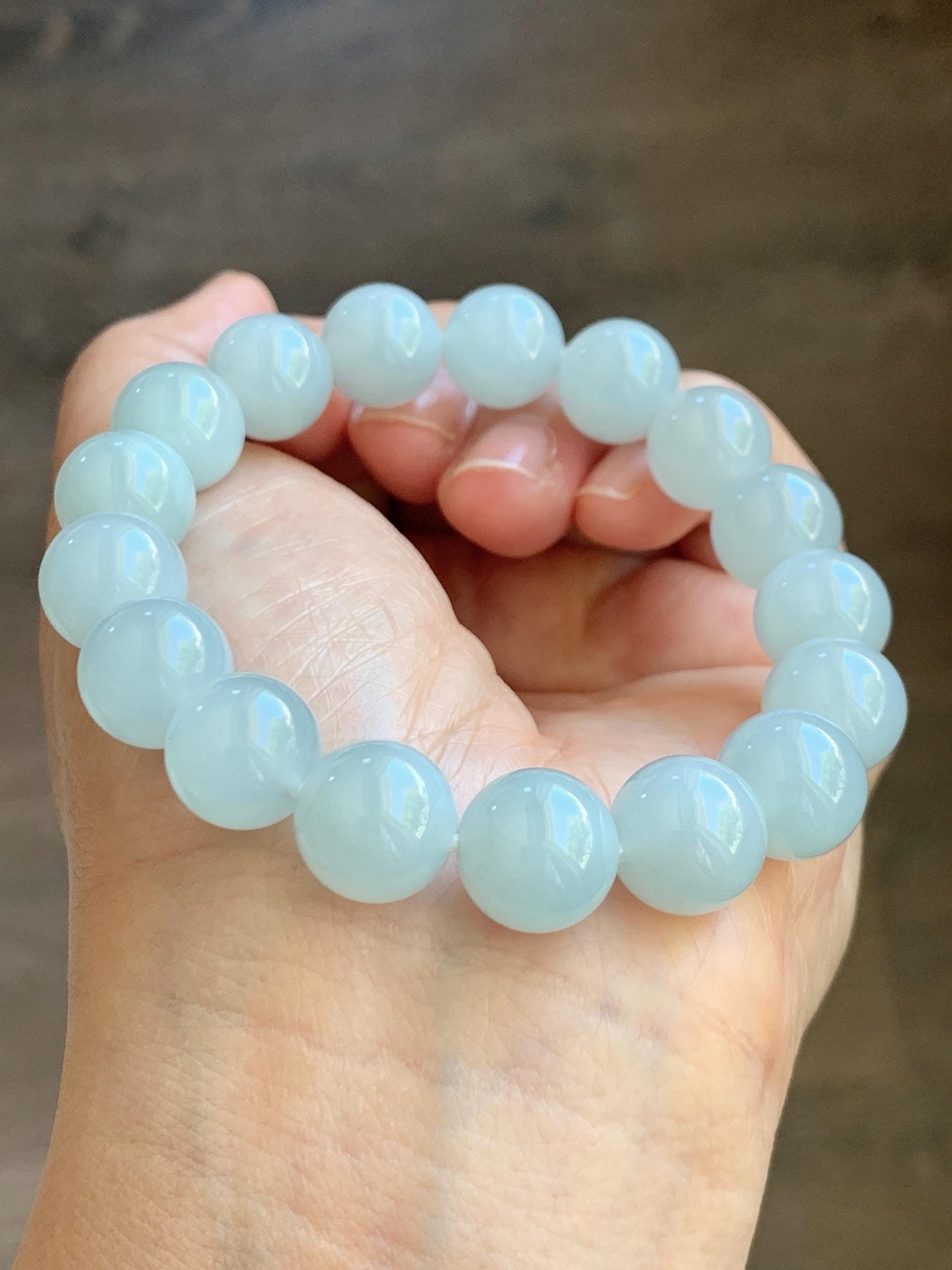 Certified Natural Grade A Icy Translucent Pastel Dusty Blue Jade Jadeite Large Beads Beaded Bracelet 11.8mm 7.25” 48g 天然老种冰胶淡蓝翡翠圆珠手串 455