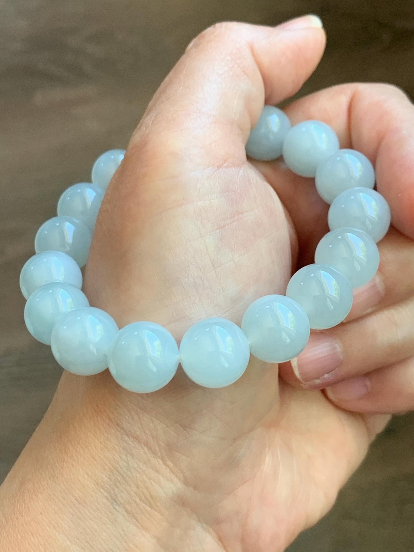 Certified Natural Grade A Icy Translucent Pastel Dusty Blue Jade Jadeite Large Beads Beaded Bracelet 11.8mm 7.25” 48g 天然老种冰胶淡蓝翡翠圆珠手串 455