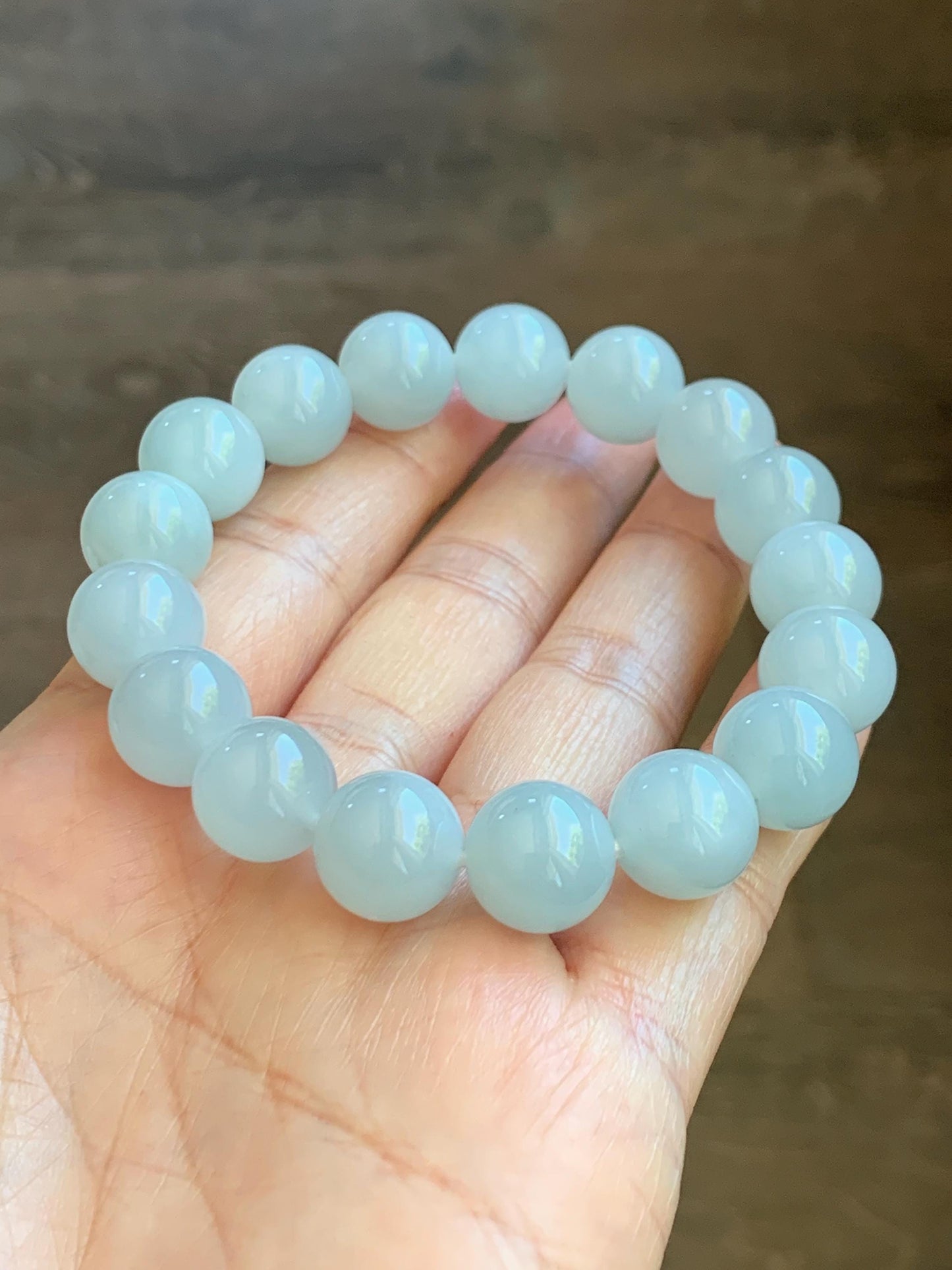 Certified Natural Grade A Icy Translucent Pastel Dusty Blue Jade Jadeite Large Beads Beaded Bracelet 11.8mm 7.25” 48g 天然老种冰胶淡蓝翡翠圆珠手串 455