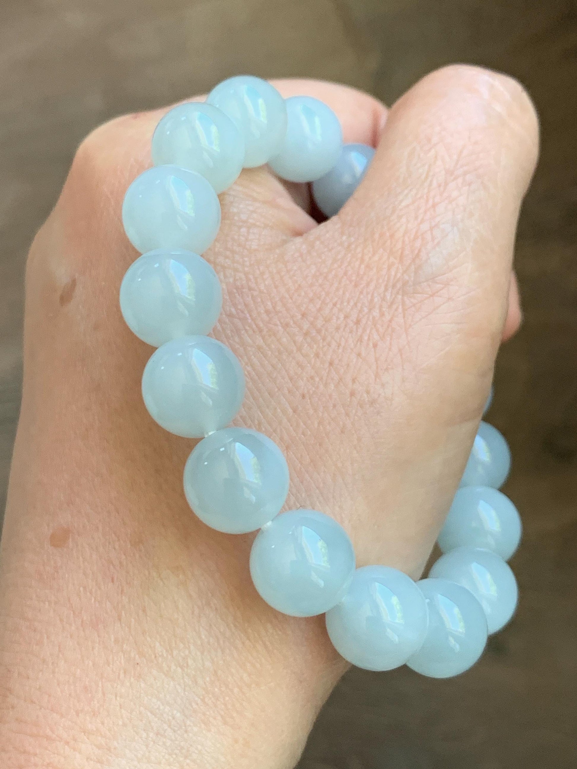 Certified Natural Grade A Icy Translucent Pastel Dusty Blue Jade Jadeite Large Beads Beaded Bracelet 11.8mm 7.25” 48g 天然老种冰胶淡蓝翡翠圆珠手串 455