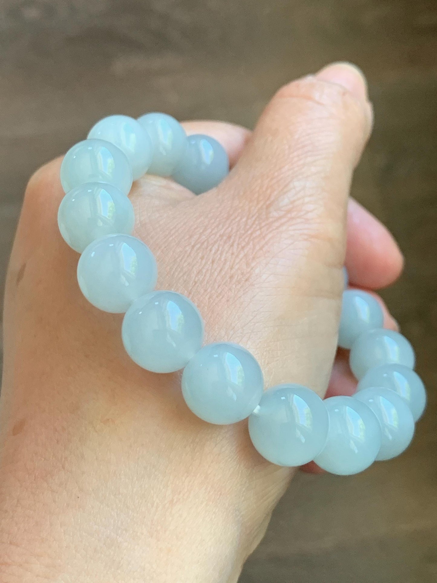 Certified Natural Grade A Icy Translucent Pastel Dusty Blue Jade Jadeite Large Beads Beaded Bracelet 11.8mm 7.25” 48g 天然老种冰胶淡蓝翡翠圆珠手串 455