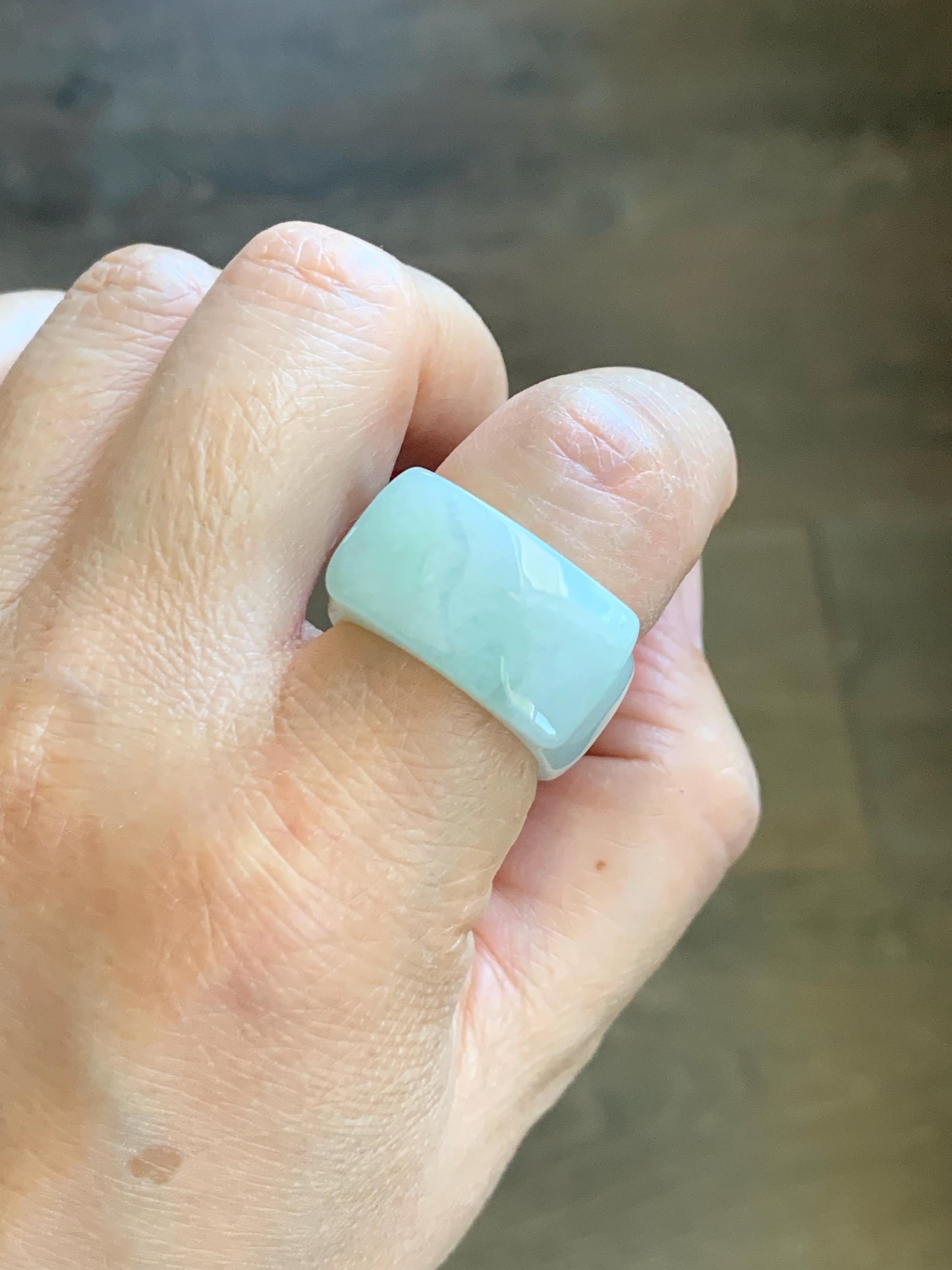 Natural Grade A Icy Translucent Pale Green White Jade Jadeite Wide Banzhi Band Ring Size 9 US 9g 天然冰细糯晴底翡翠扳指戒圈 MBZ55