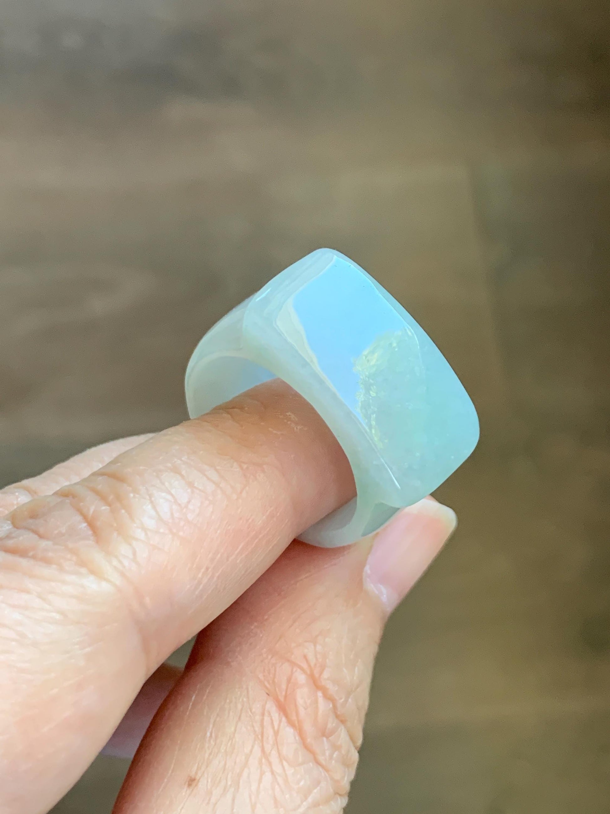 Natural Grade A Icy Translucent Pale Green White Jade Jadeite Wide Banzhi Band Ring Size 9 US 9g 天然冰细糯晴底翡翠扳指戒圈 MBZ55