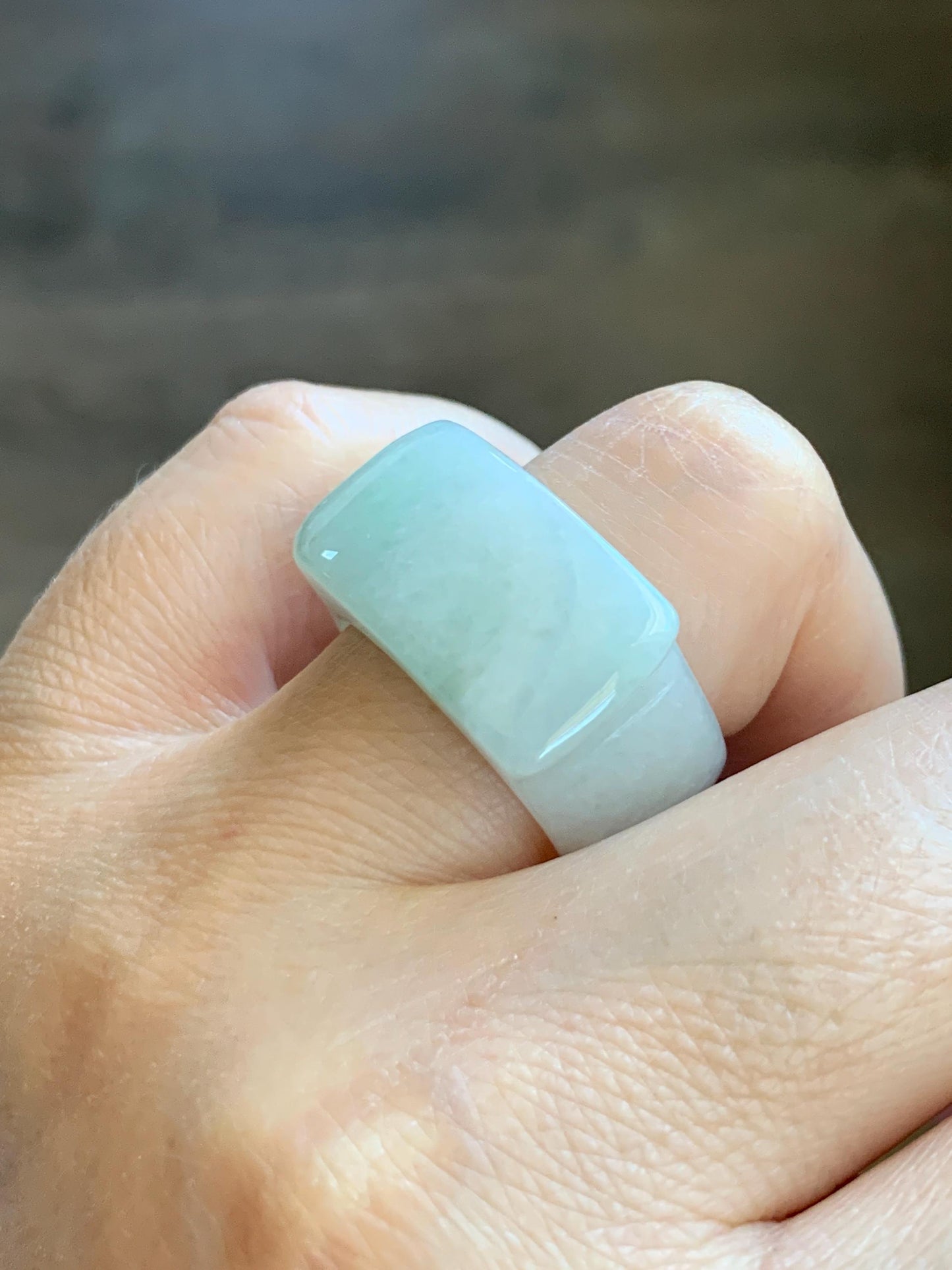 Natural Grade A Icy Translucent Pale Green White Jade Jadeite Wide Banzhi Band Ring Size 9 US 9g 天然冰细糯晴底翡翠扳指戒圈 MBZ55
