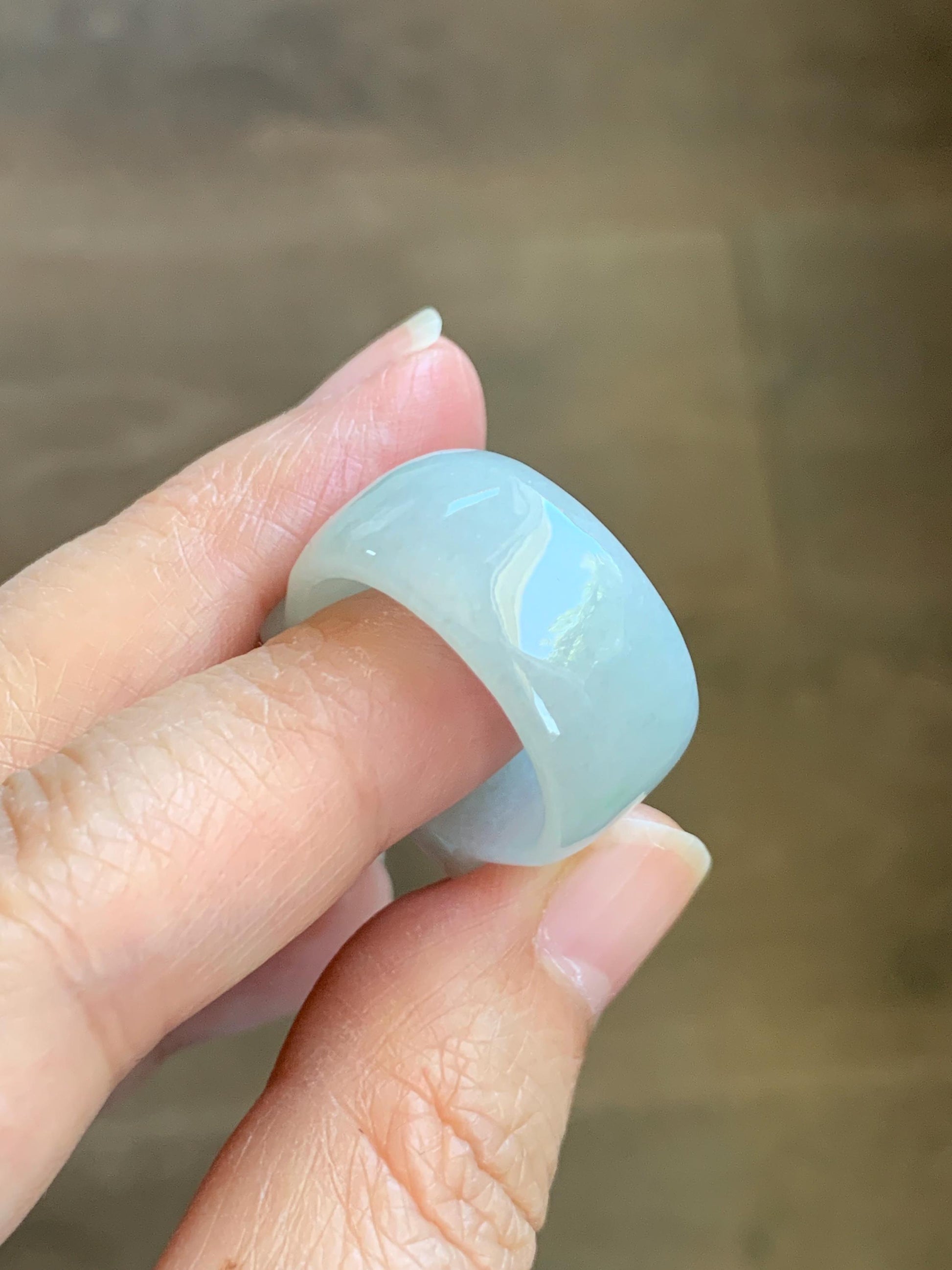 Natural Grade A Icy Translucent Pale Green White Jade Jadeite Wide Banzhi Band Ring Size 9 US 9g 天然冰细糯晴底翡翠扳指戒圈 MBZ55