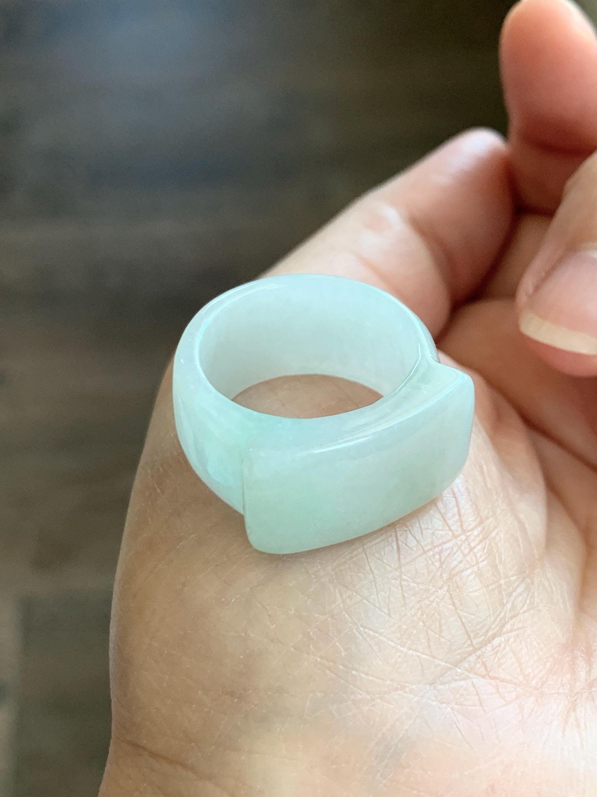 Natural Grade A Icy Translucent Pale Green White Jade Jadeite Wide Banzhi Band Ring Size 9 US 9g 天然冰细糯晴底翡翠扳指戒圈 MBZ55