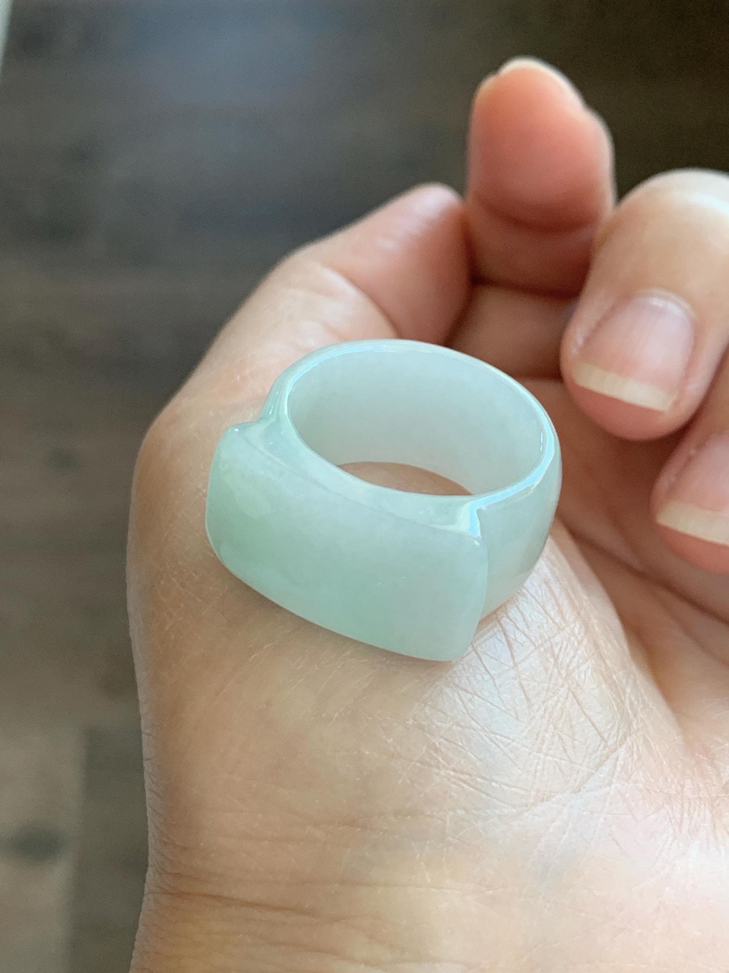 Natural Grade A Icy Translucent Pale Green White Jade Jadeite Wide Banzhi Band Ring Size 9 US 9g 天然冰细糯晴底翡翠扳指戒圈 MBZ55