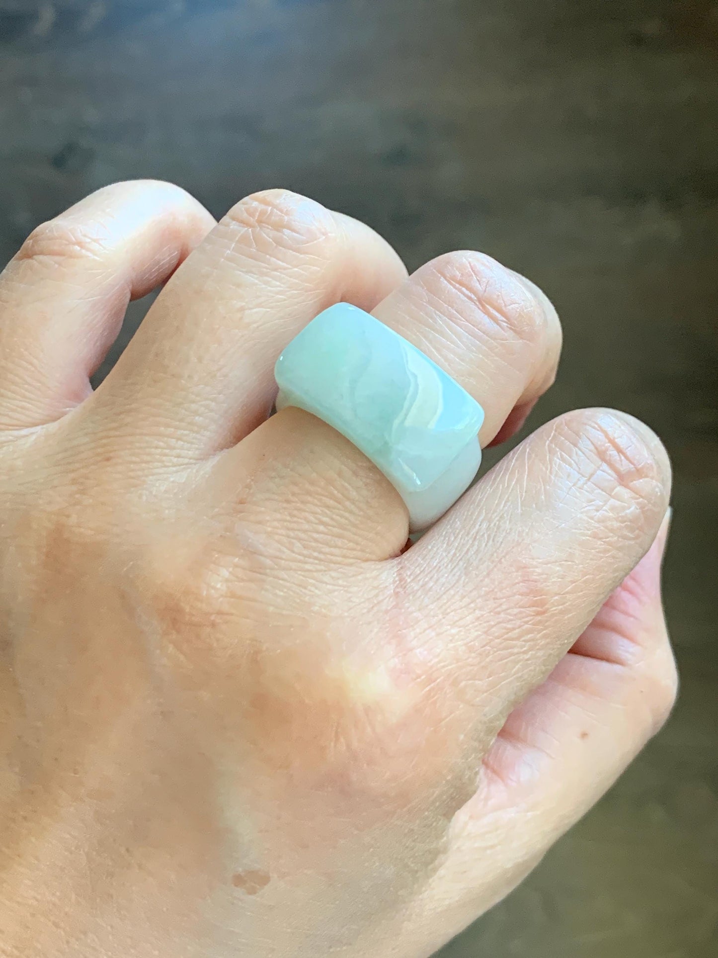 Natural Grade A Icy Translucent Pale Green White Jade Jadeite Wide Banzhi Band Ring Size 9 US 9g 天然冰细糯晴底翡翠扳指戒圈 MBZ55