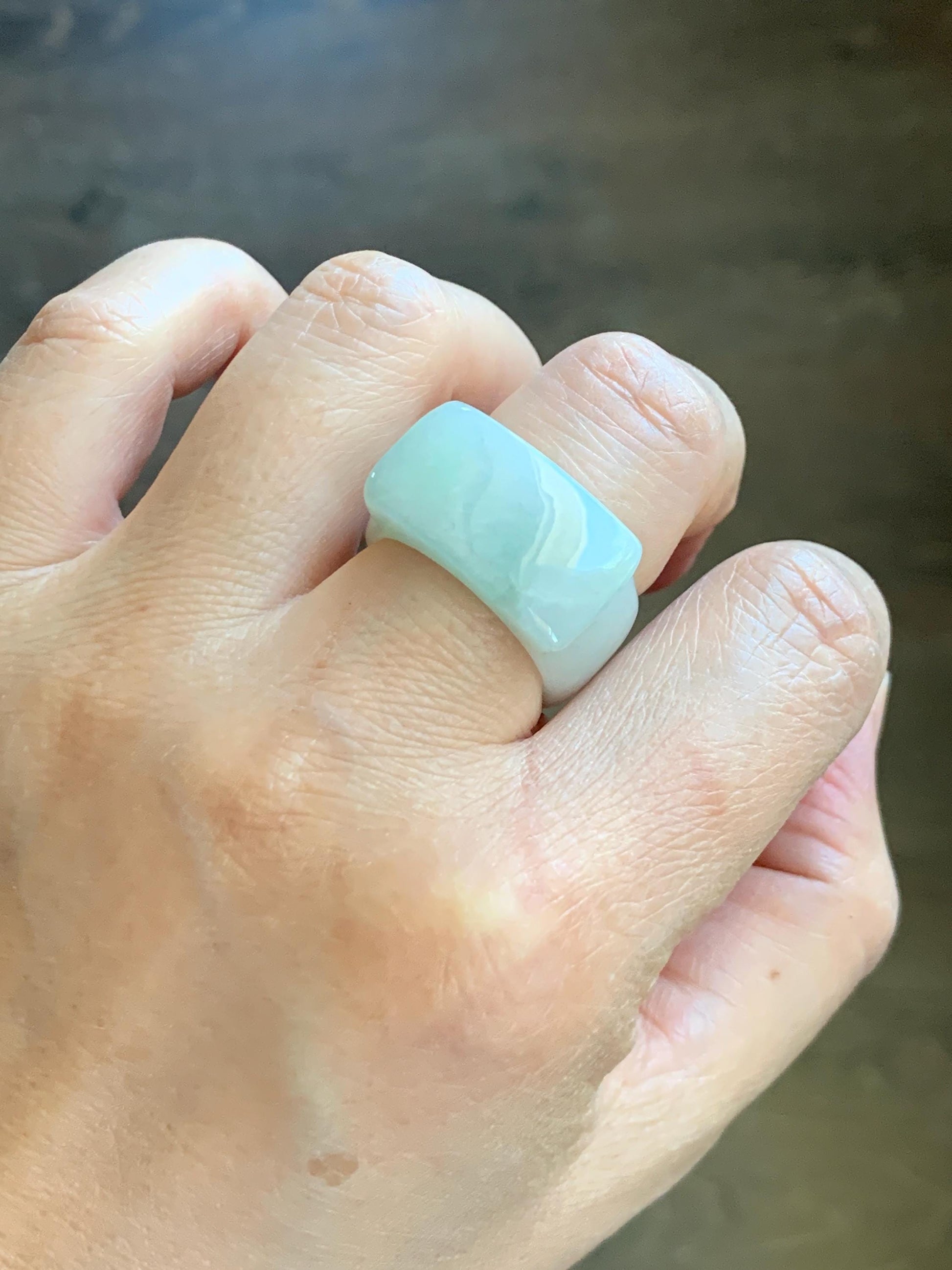 Natural Grade A Icy Translucent Pale Green White Jade Jadeite Wide Banzhi Band Ring Size 9 US 9g 天然冰细糯晴底翡翠扳指戒圈 MBZ55