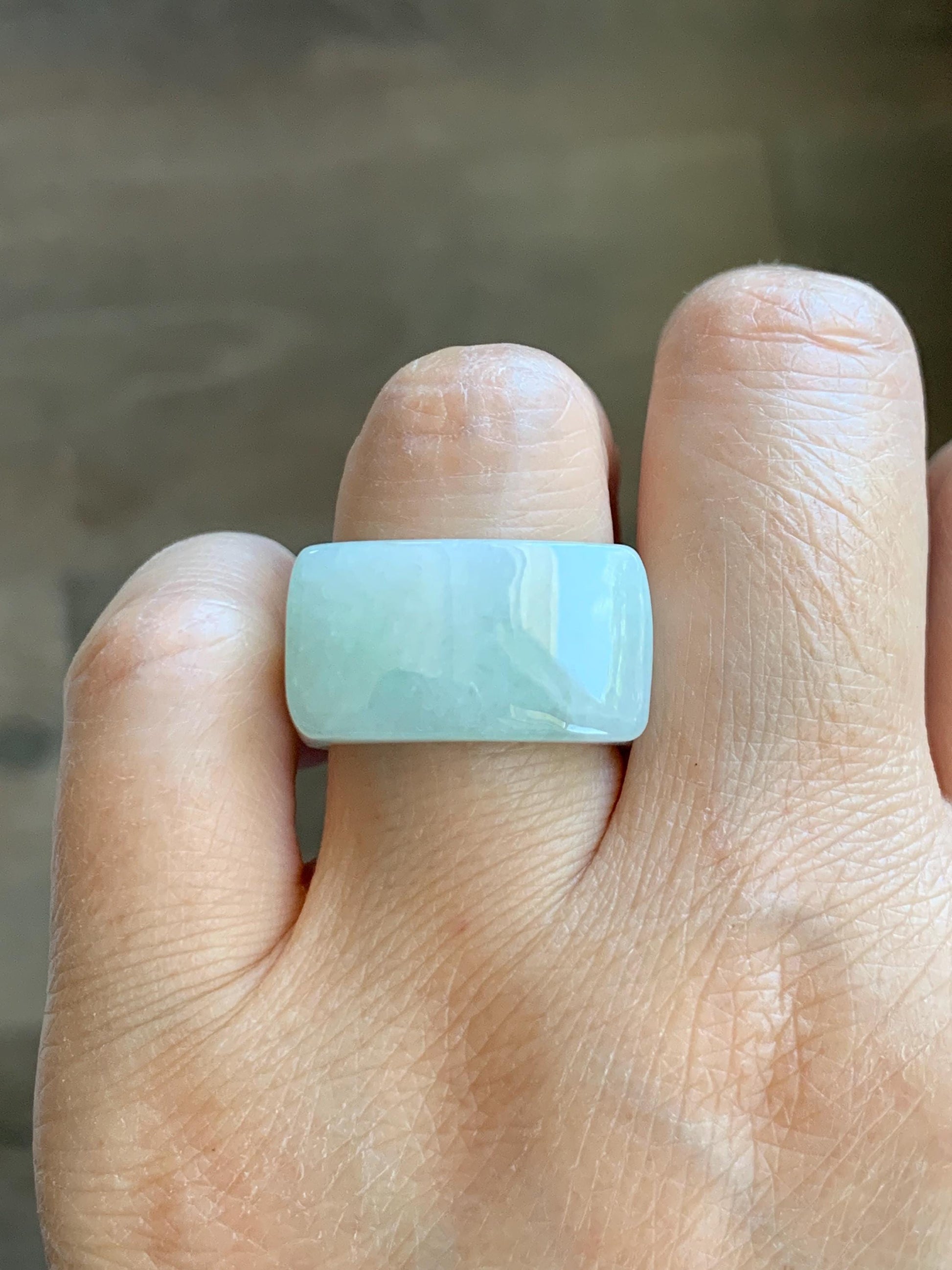 Natural Grade A Icy Translucent Pale Green White Jade Jadeite Wide Banzhi Band Ring Size 9 US 9g 天然冰细糯晴底翡翠扳指戒圈 MBZ55