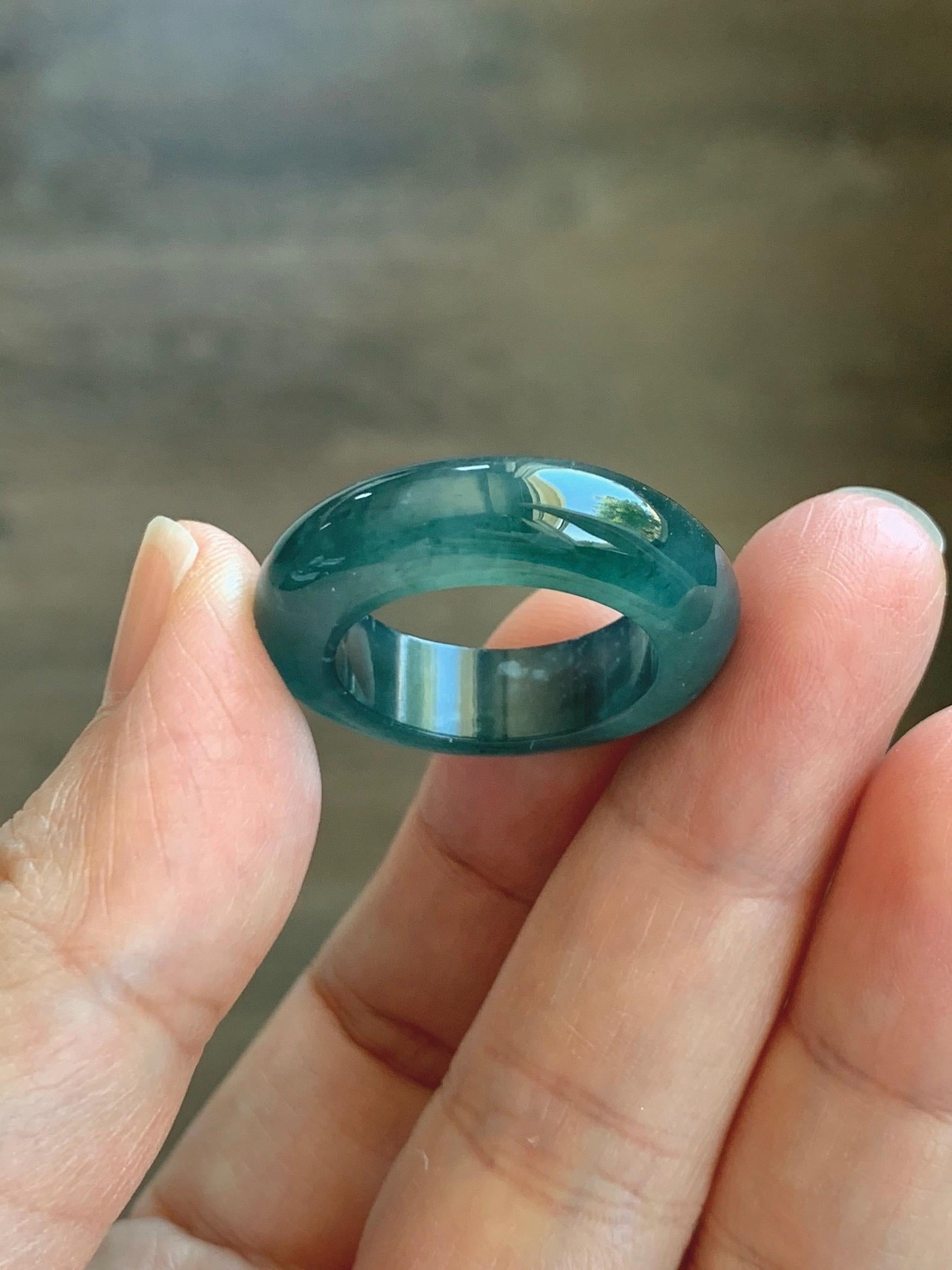 Certified Natural Grade A Guatemalan Icy Highly Translucent Dark Teal Blue Jade Jadeite Band Ring Pendant Size 9 US 天然冰胶危蓝绿翡翠戒圈吊坠 1153
