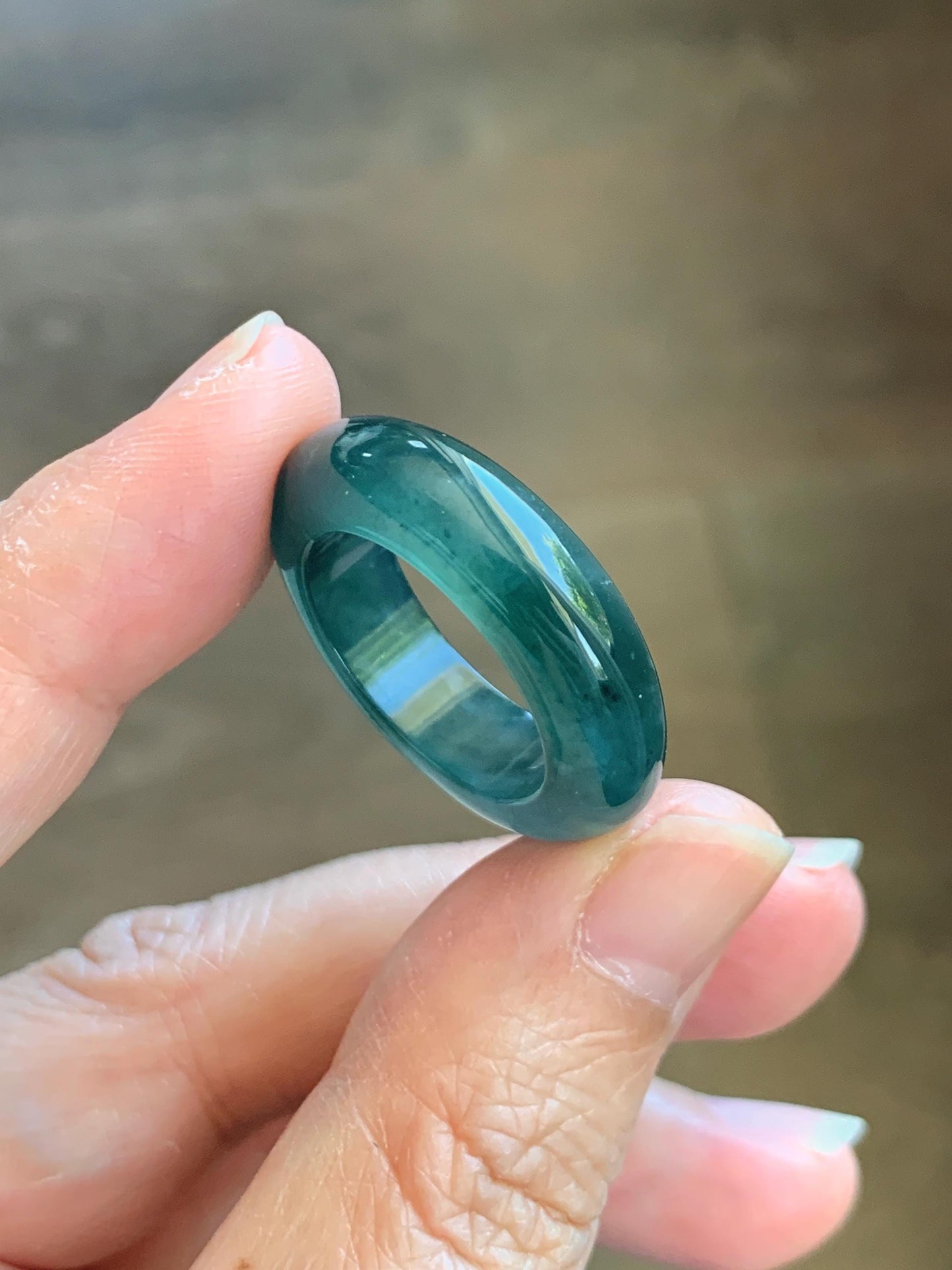 Certified Natural Grade A Guatemalan Icy Highly Translucent Dark Teal Blue Jade Jadeite Band Ring Pendant Size 9 US 天然冰胶危蓝绿翡翠戒圈吊坠 1153